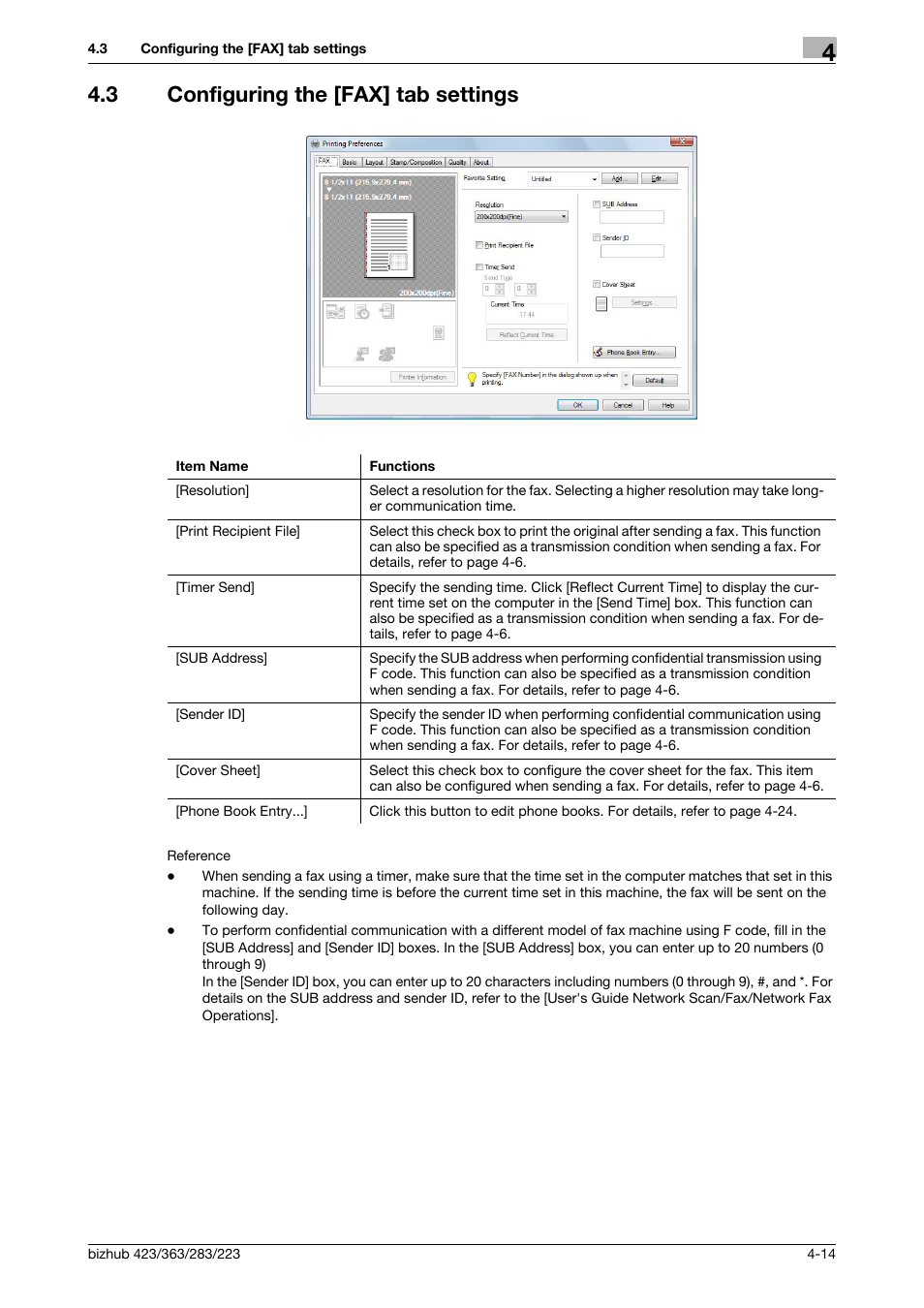 3 configuring the [fax] tab settings, Configuring the [fax] tab settings -14 | Konica Minolta BIZHUB 223 User Manual | Page 47 / 76