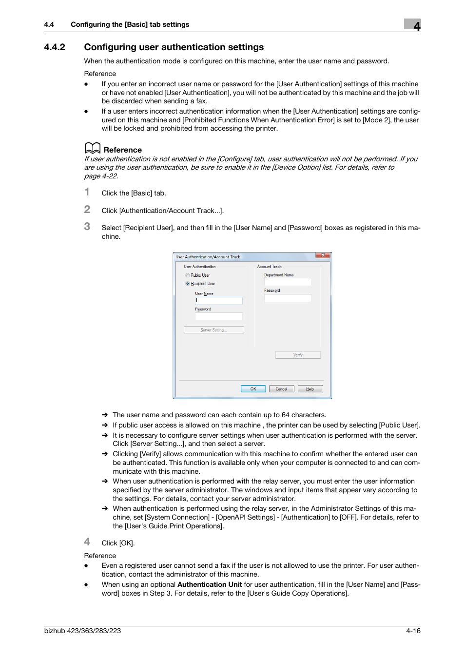 2 configuring user authentication settings, Configuring user authentication settings -16 | Konica Minolta BIZHUB 223 User Manual | Page 49 / 76