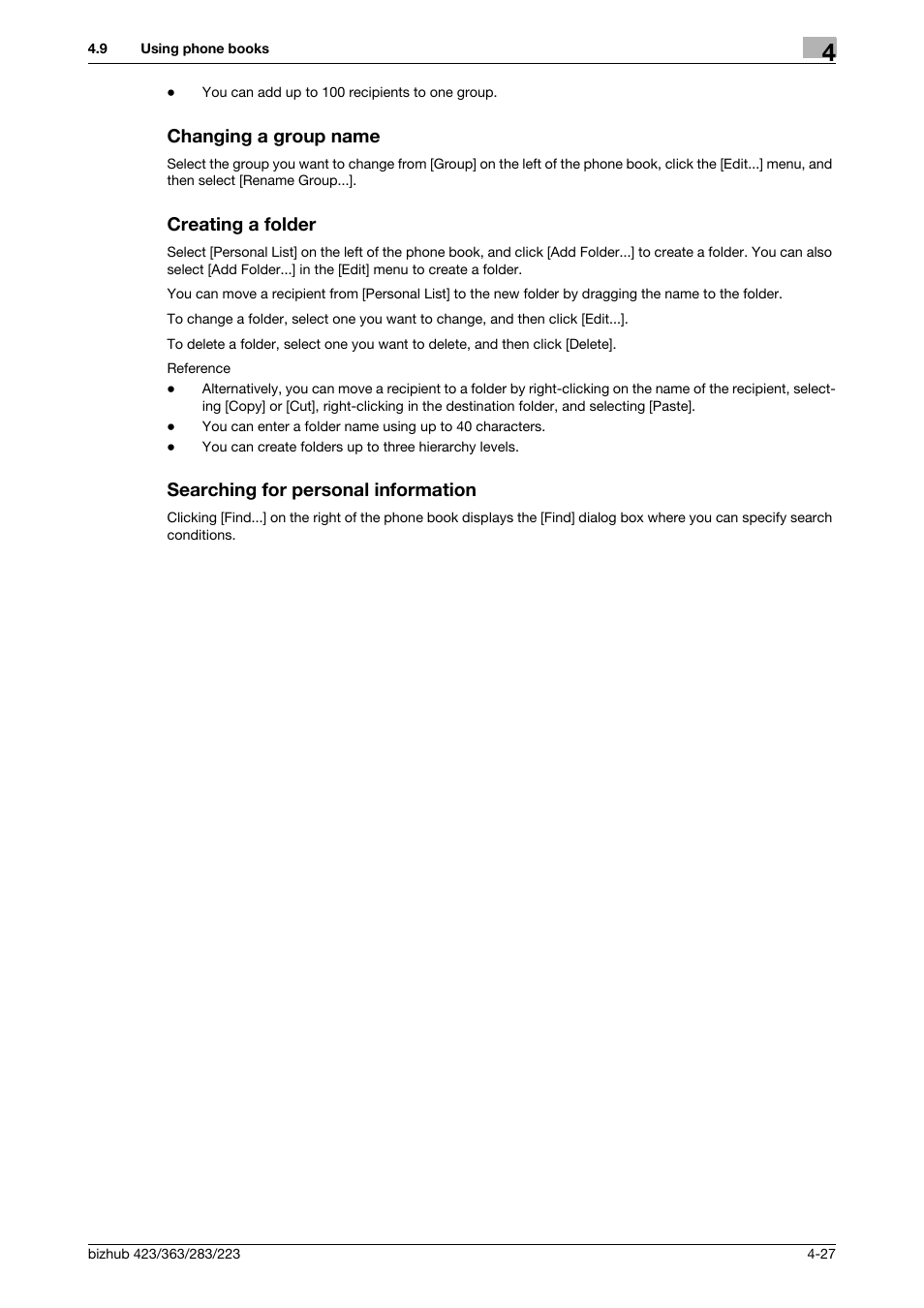 Changing a group name, Creating a folder, Searching for personal information | Konica Minolta BIZHUB 223 User Manual | Page 60 / 76