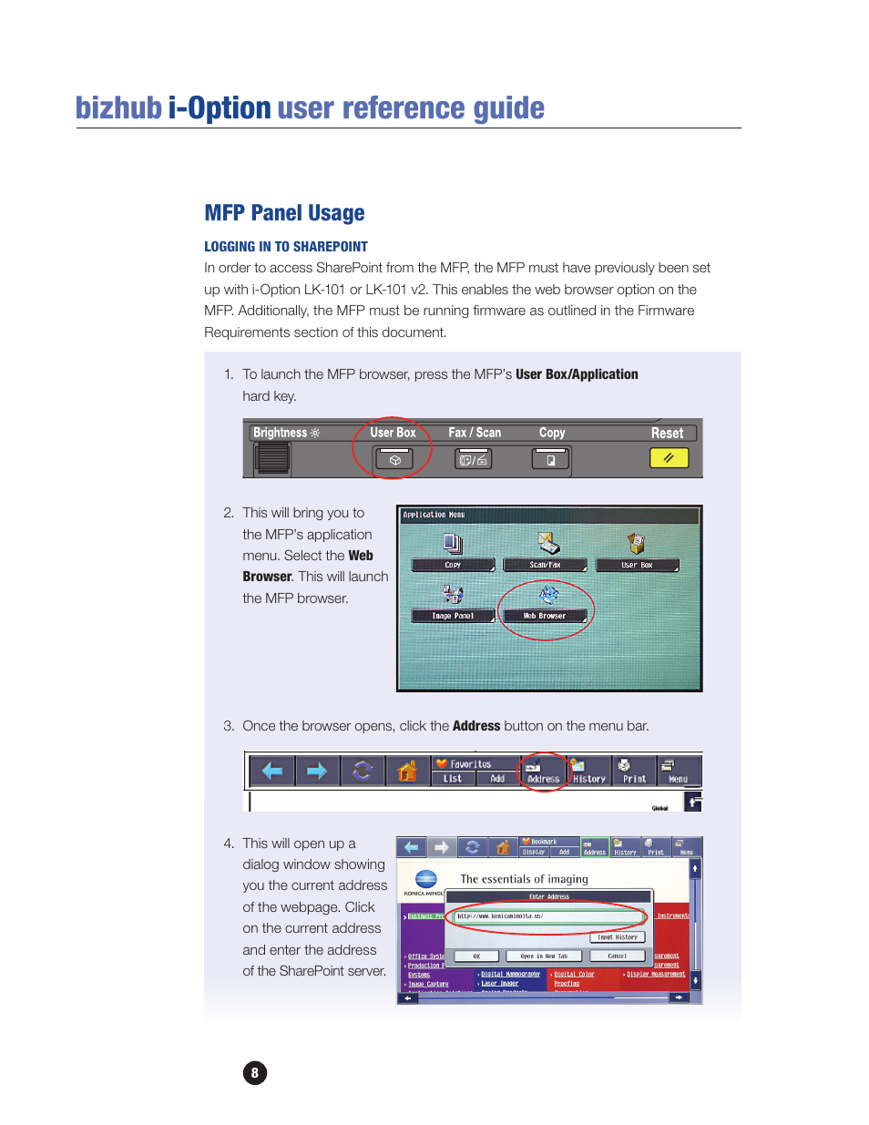 Mfp panel usage, Logging in to sharepoint, Bizhub i-option user reference guide | Konica Minolta bizhub 601 User Manual | Page 10 / 20