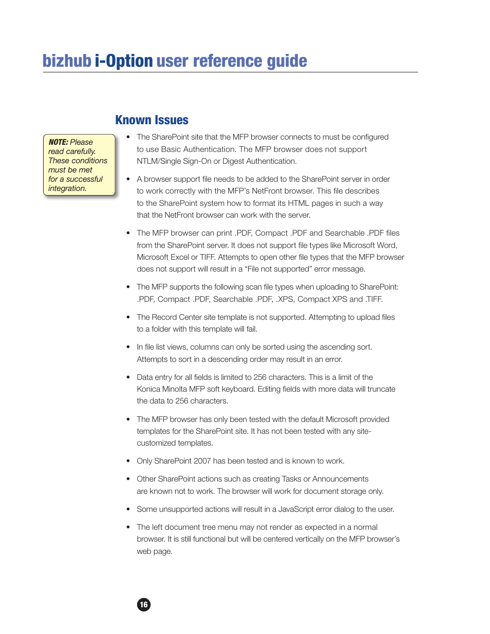 Known issues, Bizhub i-option user reference guide | Konica Minolta bizhub 601 User Manual | Page 18 / 20