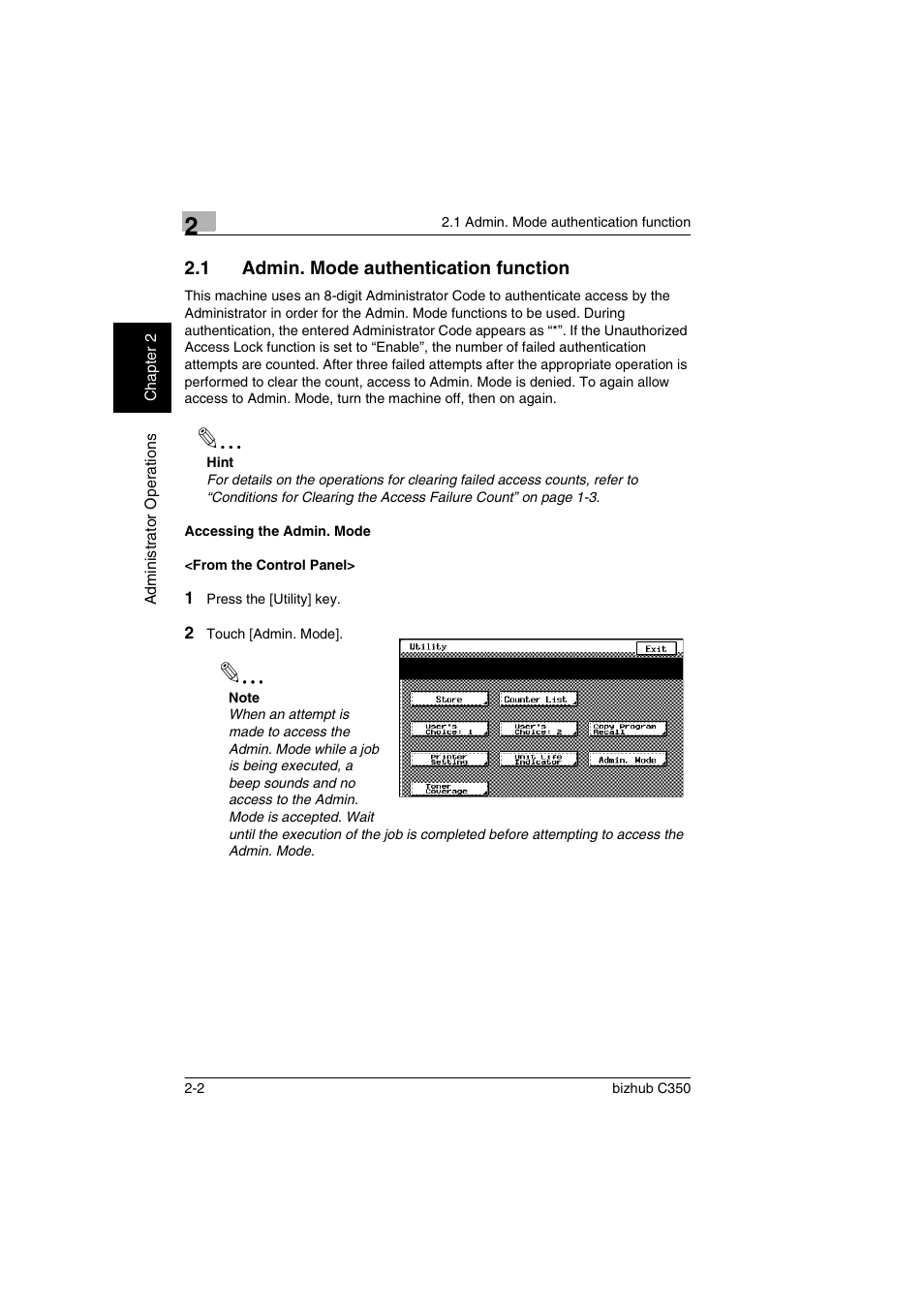 1 admin. mode authentication function, Accessing the admin. mode, From the control panel | Admin. mode authentication function -2 | Konica Minolta bizhub C350 User Manual | Page 12 / 87