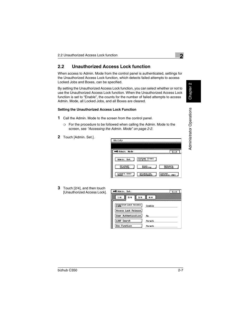 2 unauthorized access lock function, Setting the unauthorized access lock function, Unauthorized access lock function -7 | Setting the unauthorized access lock function -7 | Konica Minolta bizhub C350 User Manual | Page 17 / 87