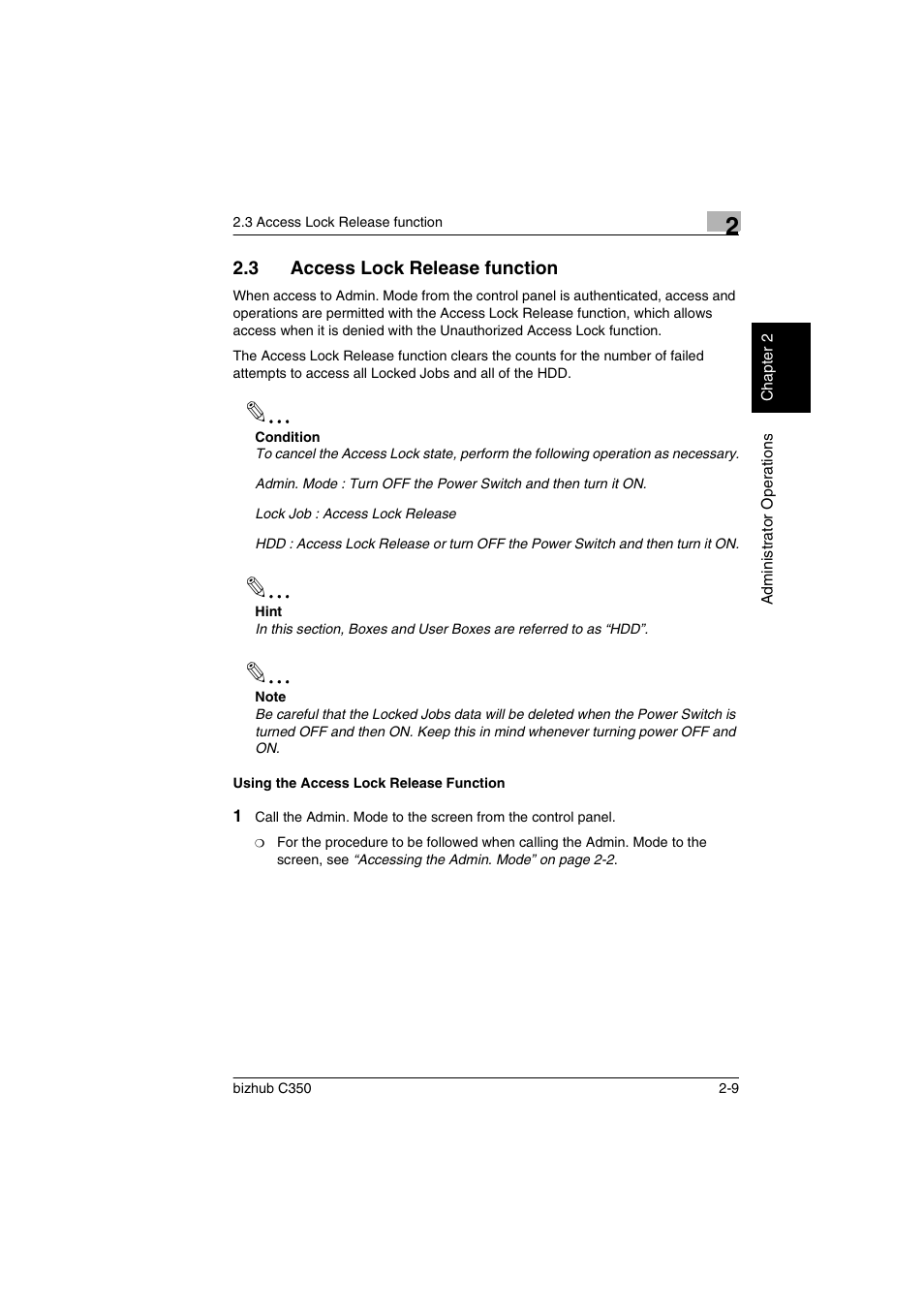 3 access lock release function, Using the access lock release function, Access lock release function -9 | Using the access lock release function -9 | Konica Minolta bizhub C350 User Manual | Page 19 / 87