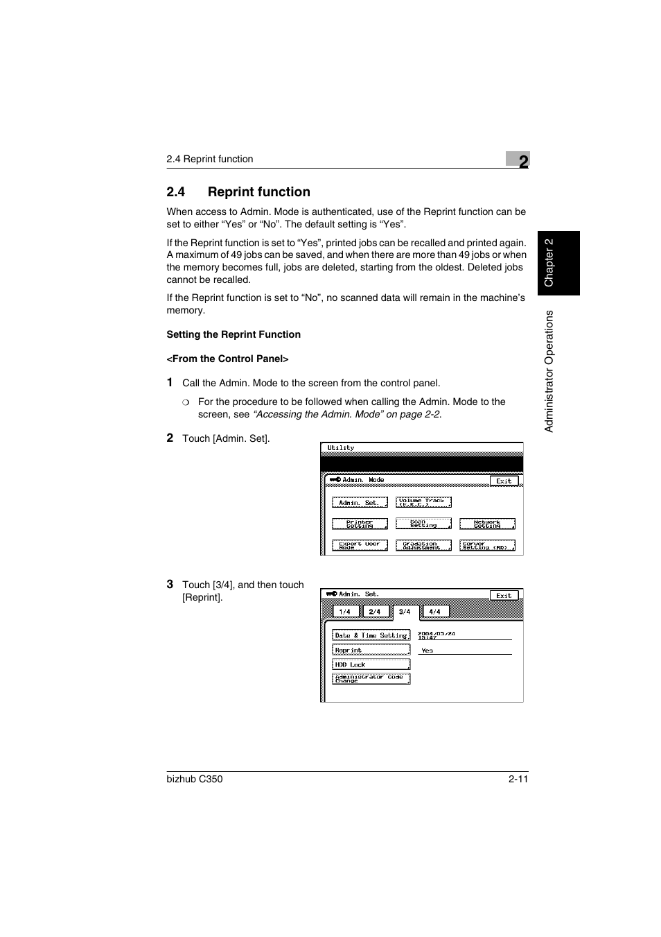 4 reprint function, Setting the reprint function, From the control panel | Reprint function -11 | Konica Minolta bizhub C350 User Manual | Page 21 / 87