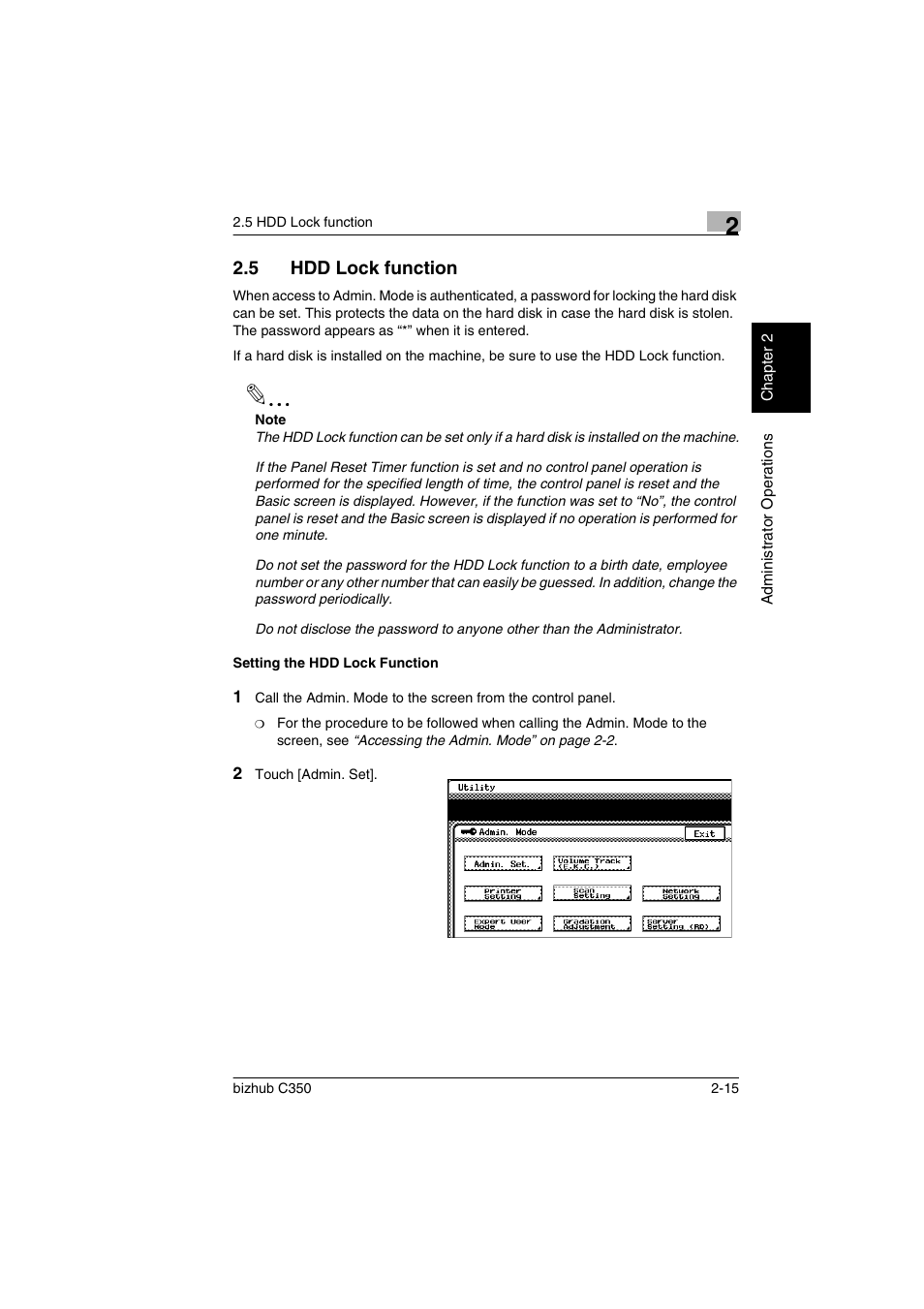 5 hdd lock function, Setting the hdd lock function, Hdd lock function -15 | Setting the hdd lock function -15 | Konica Minolta bizhub C350 User Manual | Page 25 / 87