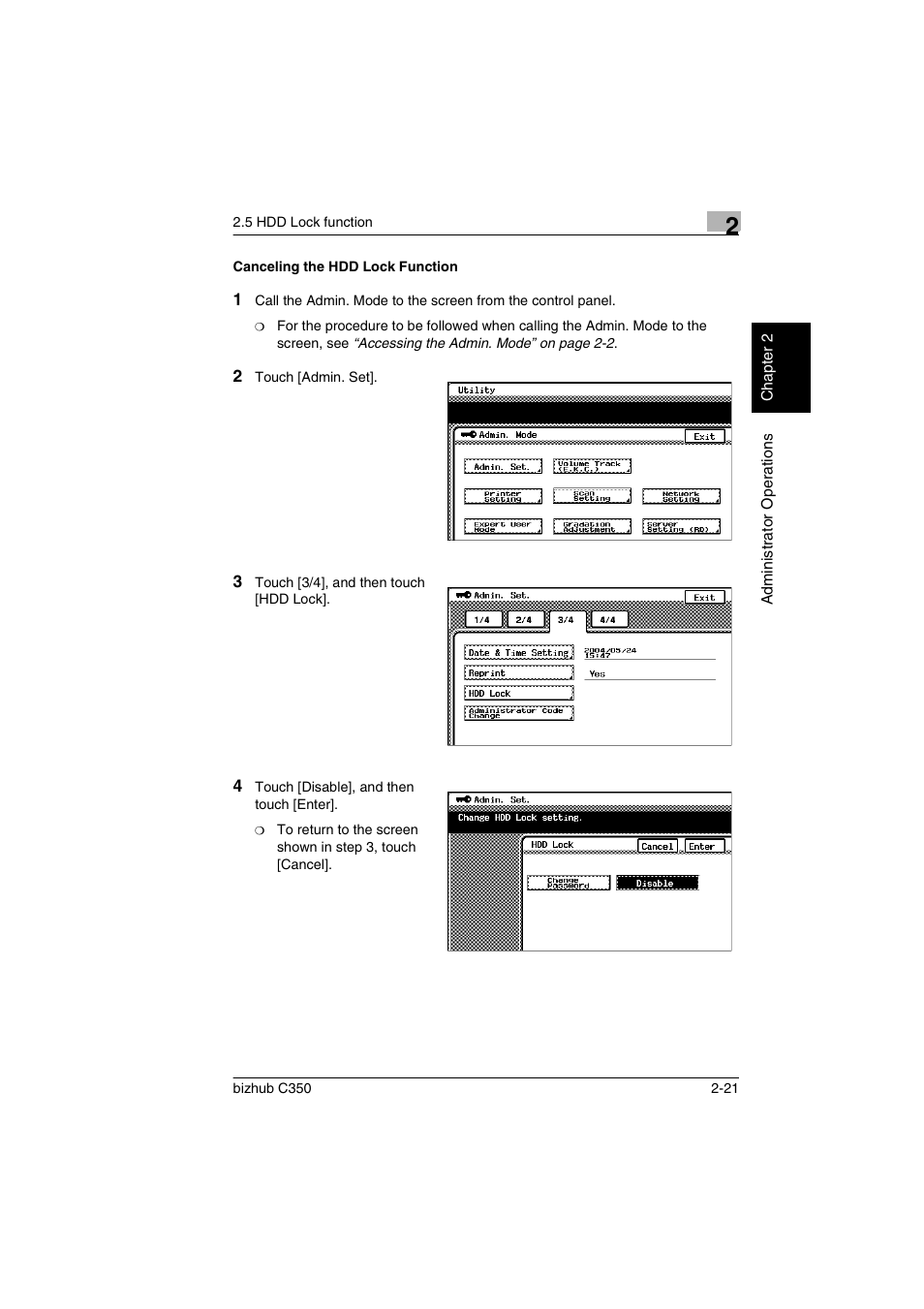 Canceling the hdd lock function, Canceling the hdd lock function -21 | Konica Minolta bizhub C350 User Manual | Page 31 / 87