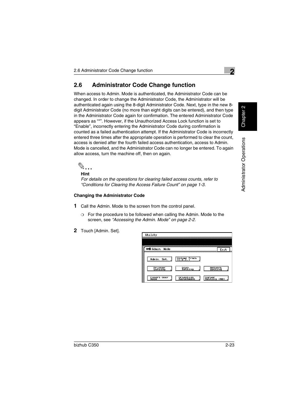 6 administrator code change function, Changing the administrator code, Administrator code change function -23 | Changing the administrator code -23 | Konica Minolta bizhub C350 User Manual | Page 33 / 87