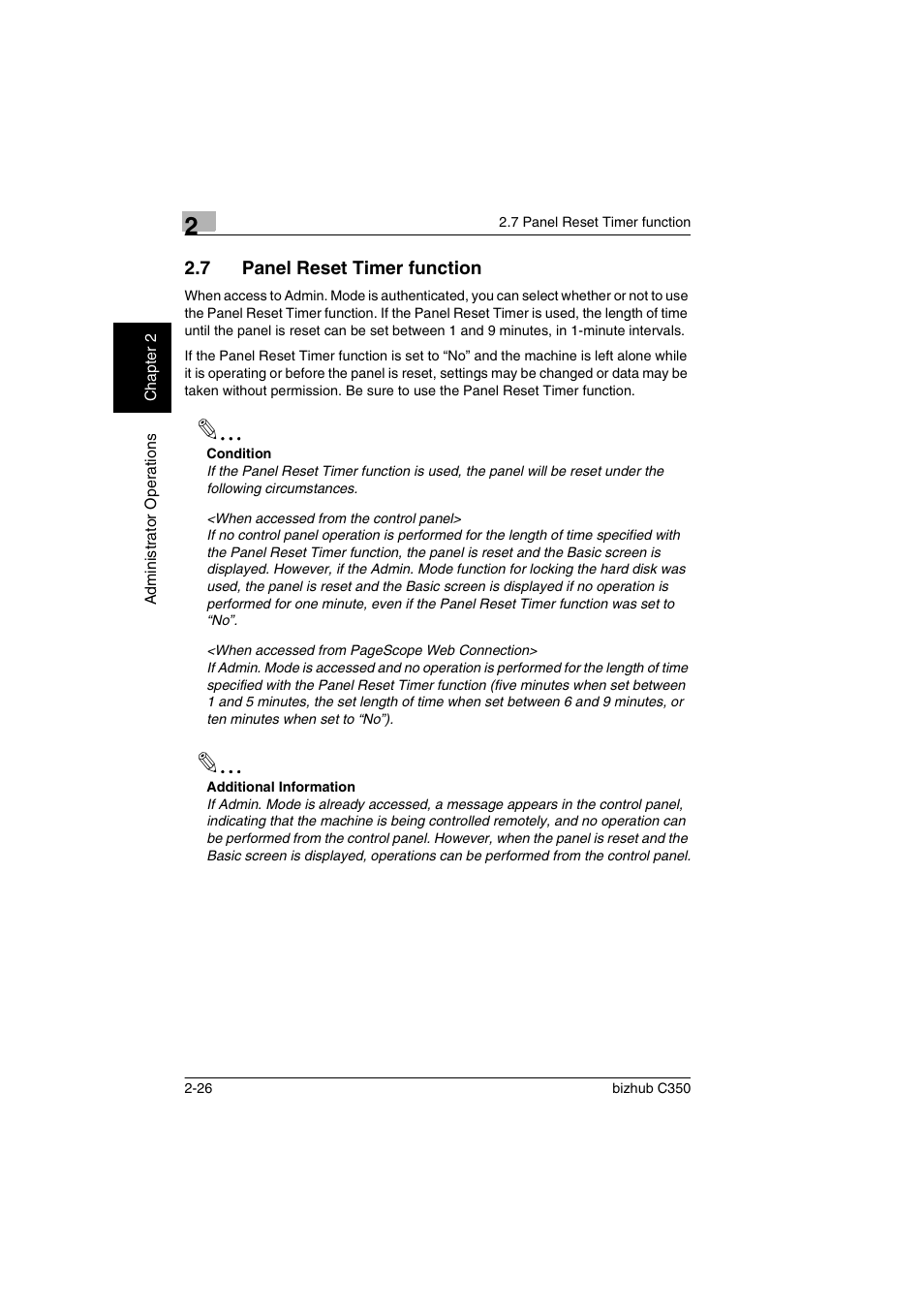 7 panel reset timer function, Panel reset timer function -26 | Konica Minolta bizhub C350 User Manual | Page 36 / 87