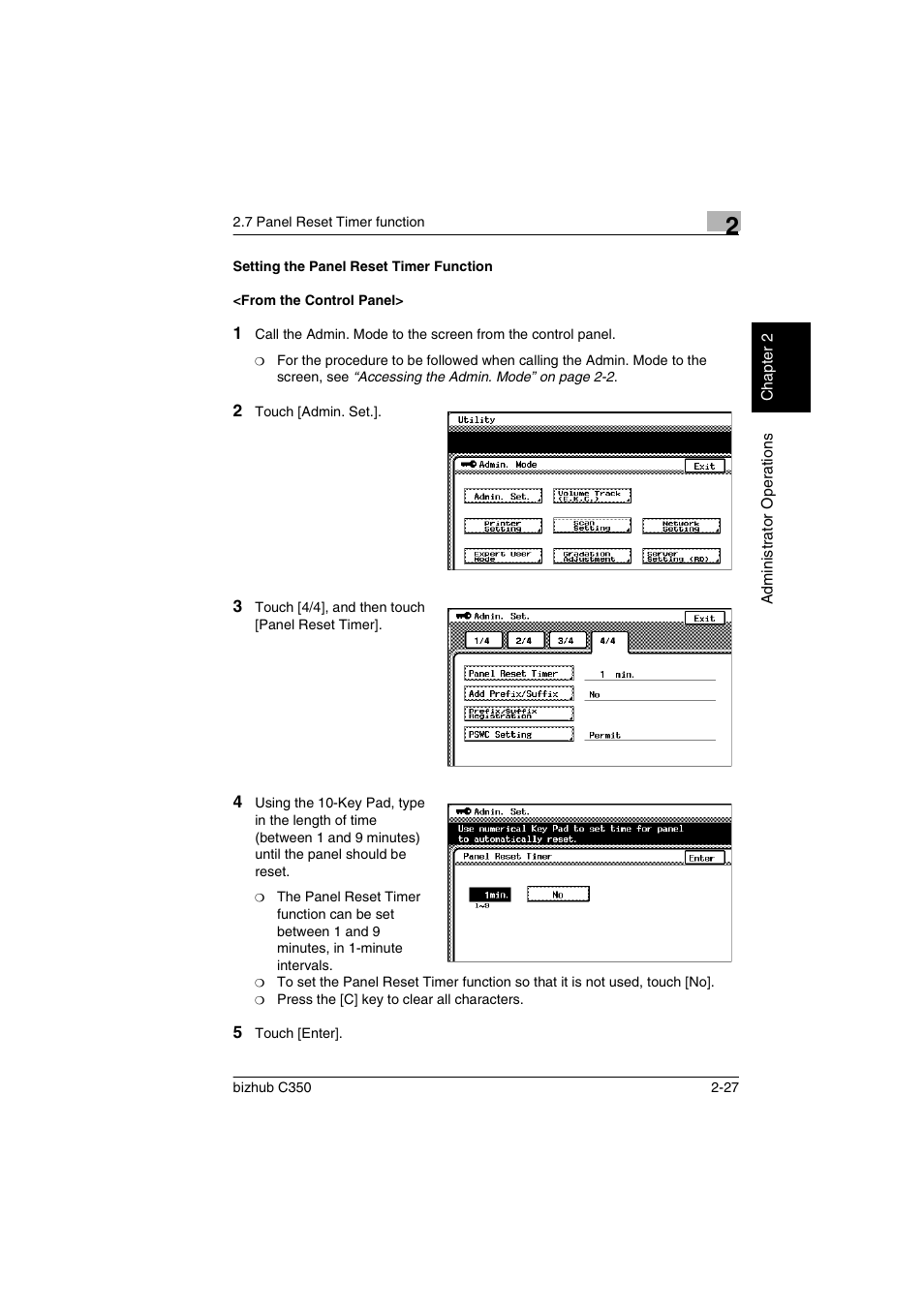 Setting the panel reset timer function, From the control panel | Konica Minolta bizhub C350 User Manual | Page 37 / 87