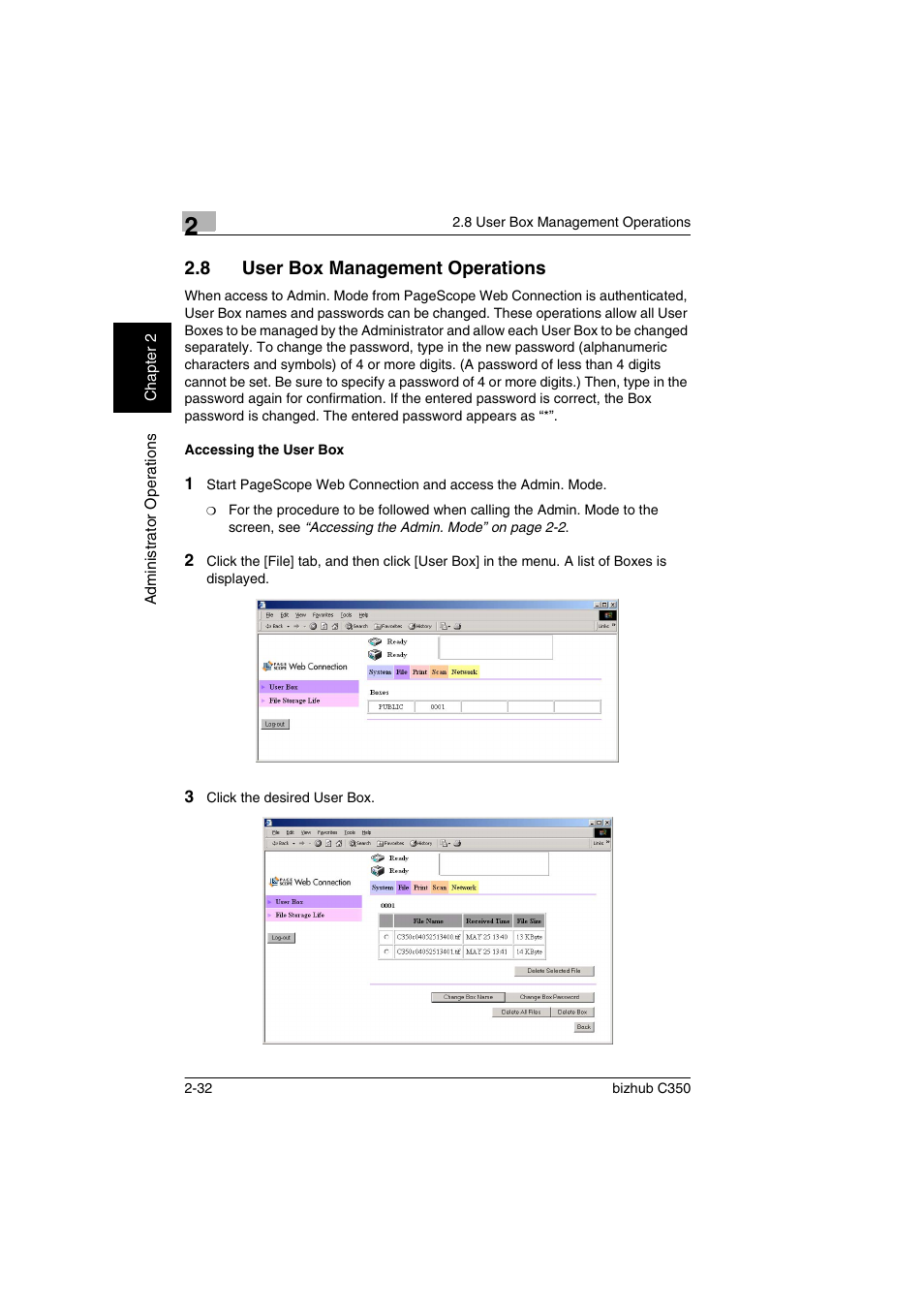 8 user box management operations, Accessing the user box, User box management operations -32 | Accessing the user box -32 | Konica Minolta bizhub C350 User Manual | Page 42 / 87