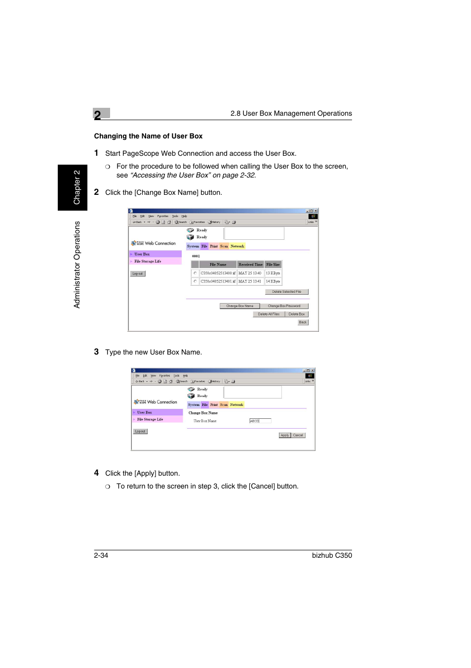 Changing the name of user box, Changing the name of user box -34 | Konica Minolta bizhub C350 User Manual | Page 44 / 87