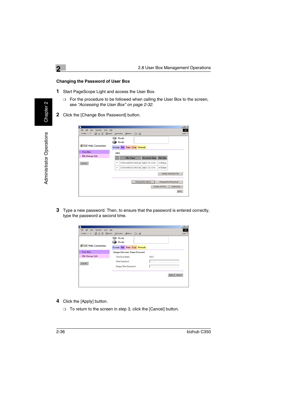 Changing the password of user box, Changing the password of user box -36 | Konica Minolta bizhub C350 User Manual | Page 46 / 87