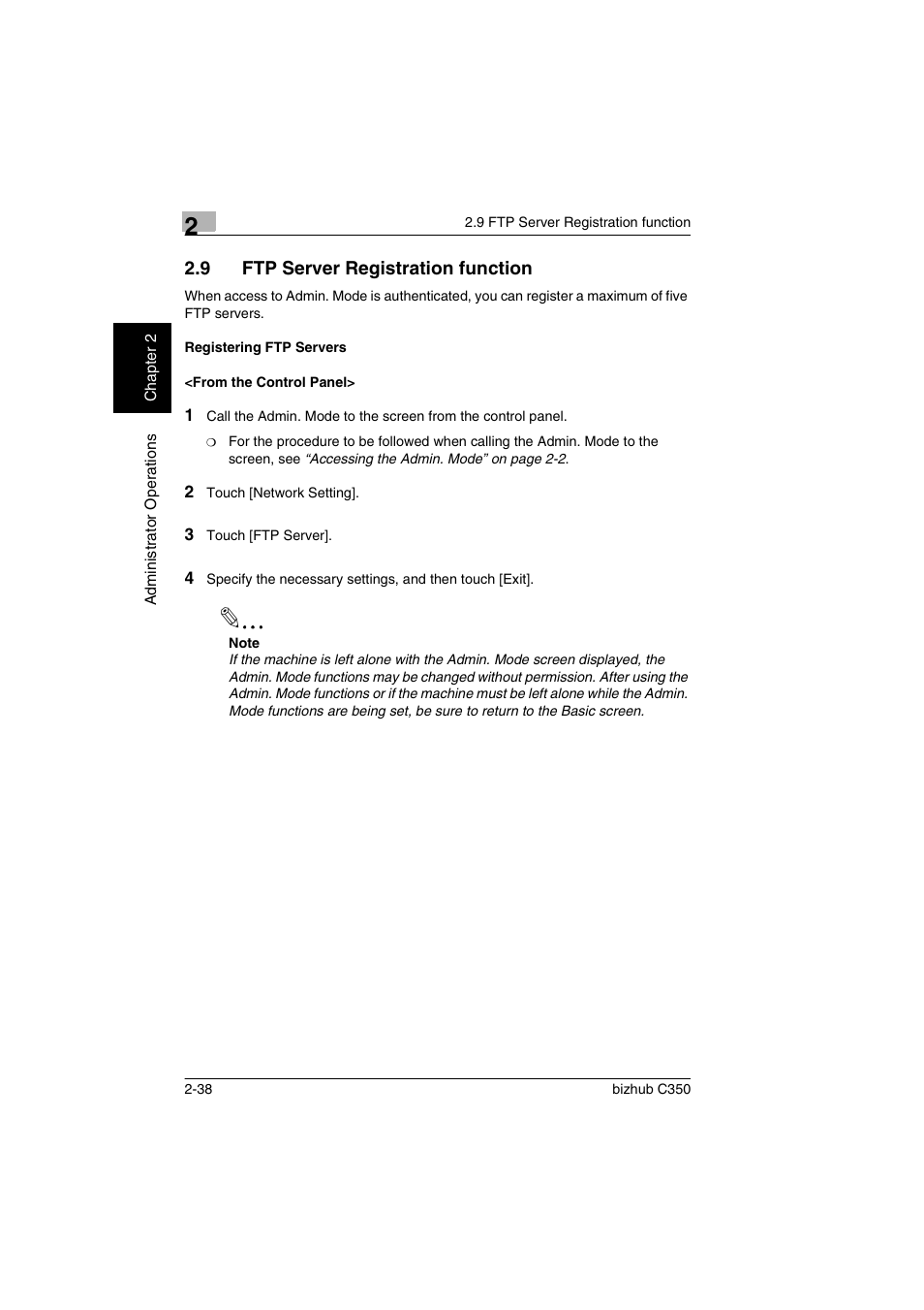 9 ftp server registration function, Registering ftp servers, From the control panel | Ftp server registration function -38 | Konica Minolta bizhub C350 User Manual | Page 48 / 87