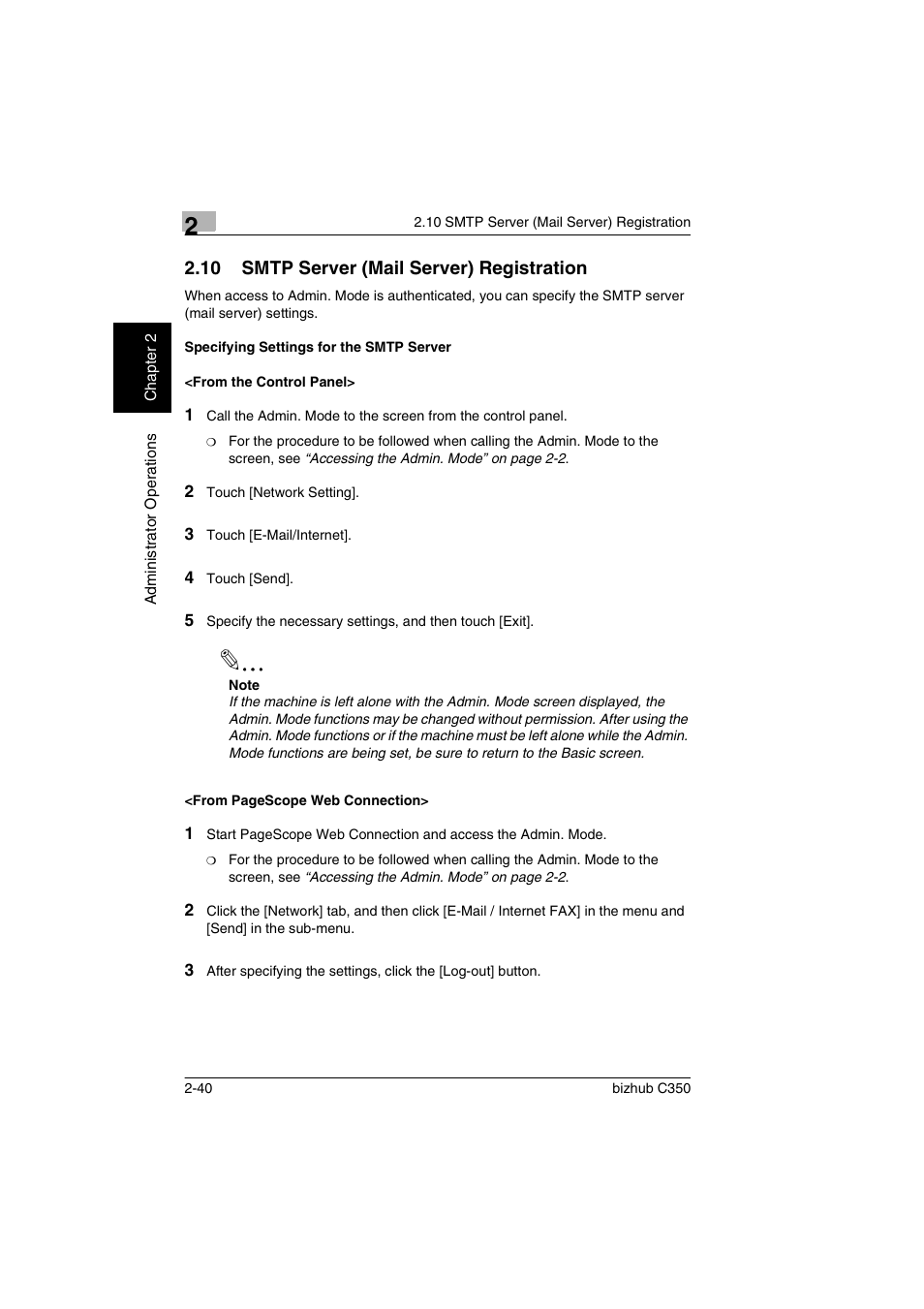 10 smtp server (mail server) registration, Specifying settings for the smtp server, From the control panel | Smtp server (mail server) registration -40 | Konica Minolta bizhub C350 User Manual | Page 50 / 87