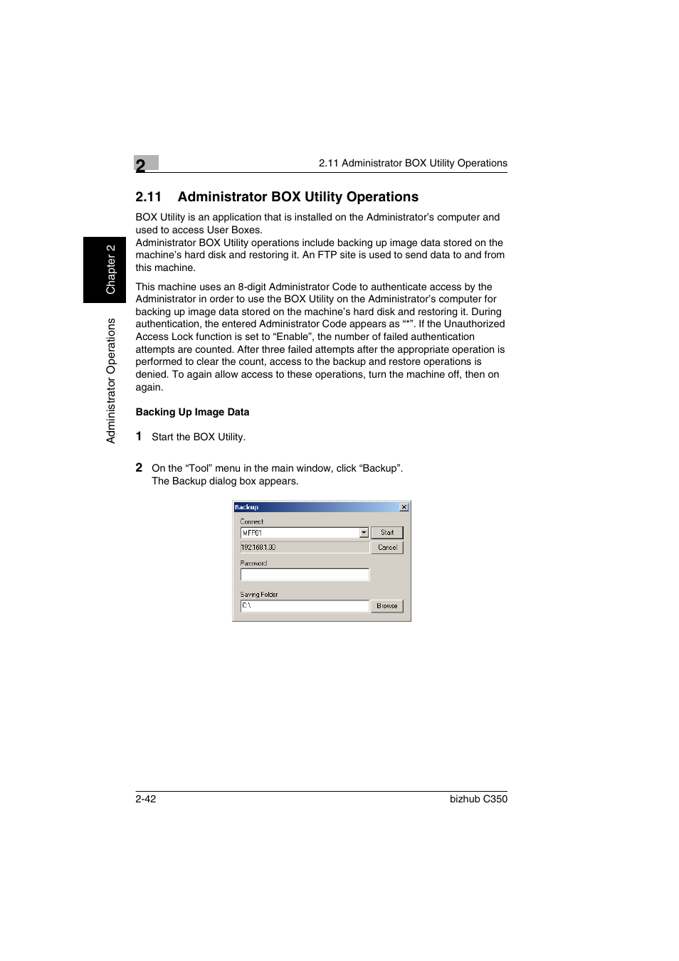 11 administrator box utility operations, Backing up image data, Administrator box utility operations -42 | Backing up image data -42 | Konica Minolta bizhub C350 User Manual | Page 52 / 87