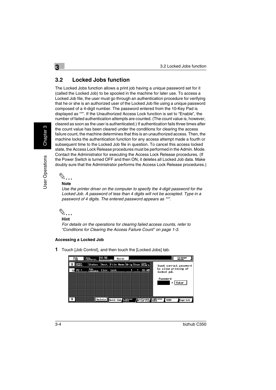 2 locked jobs function, Accessing a locked job, Locked jobs function -4 | Accessing a locked job -4 | Konica Minolta bizhub C350 User Manual | Page 62 / 87