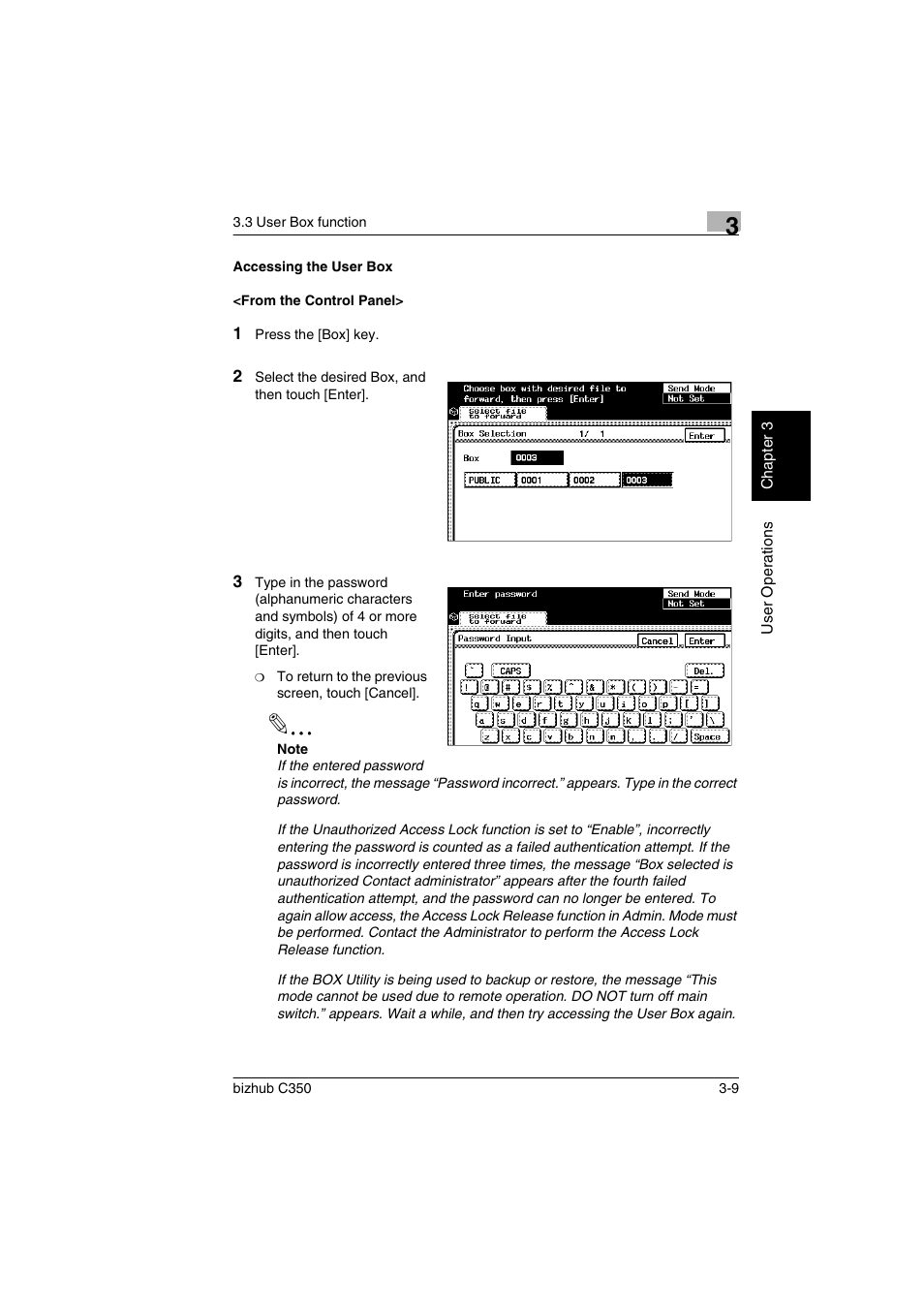 Accessing the user box, From the control panel | Konica Minolta bizhub C350 User Manual | Page 67 / 87