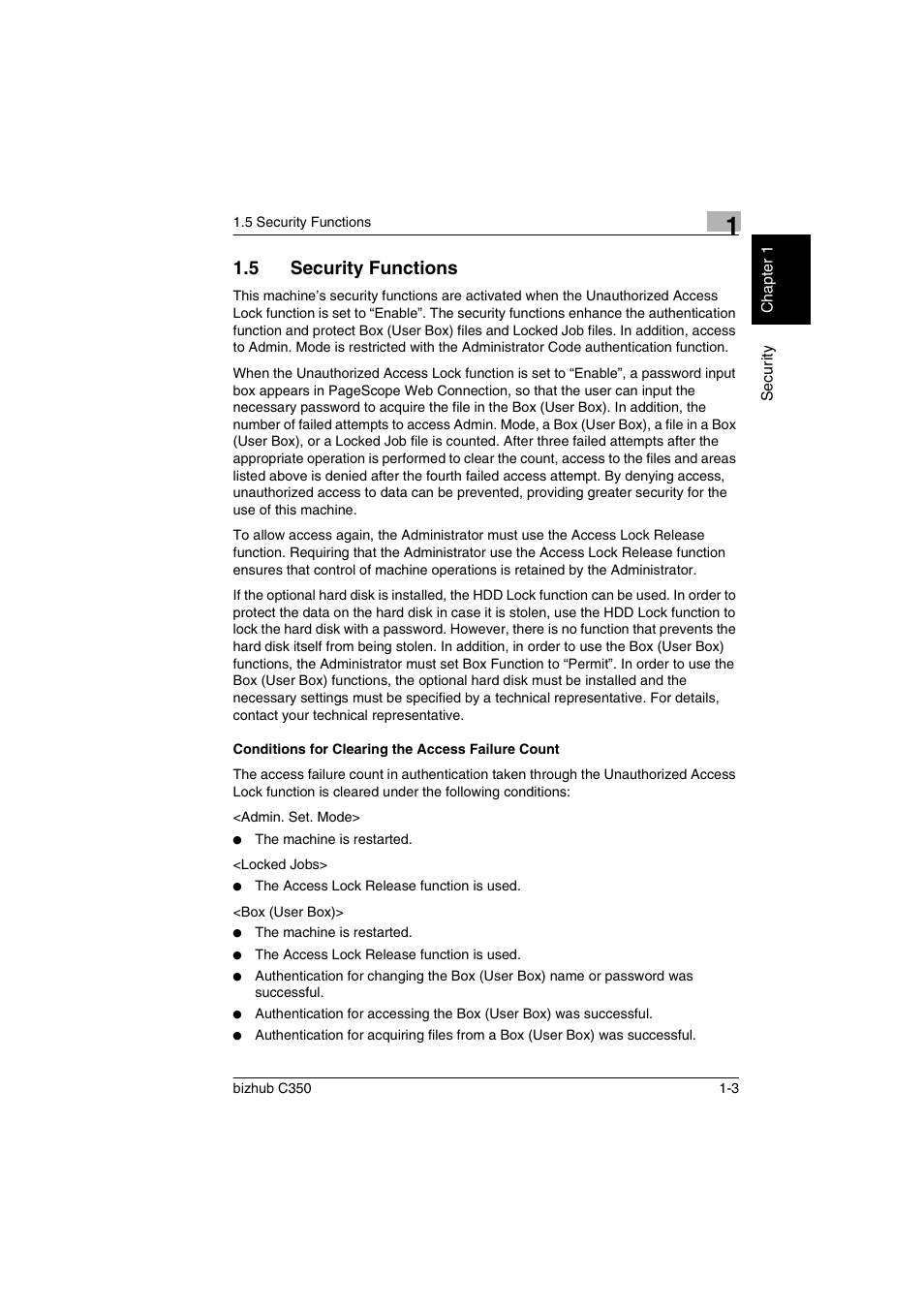 5 security functions, Conditions for clearing the access failure count, Security functions -3 | Konica Minolta bizhub C350 User Manual | Page 7 / 87