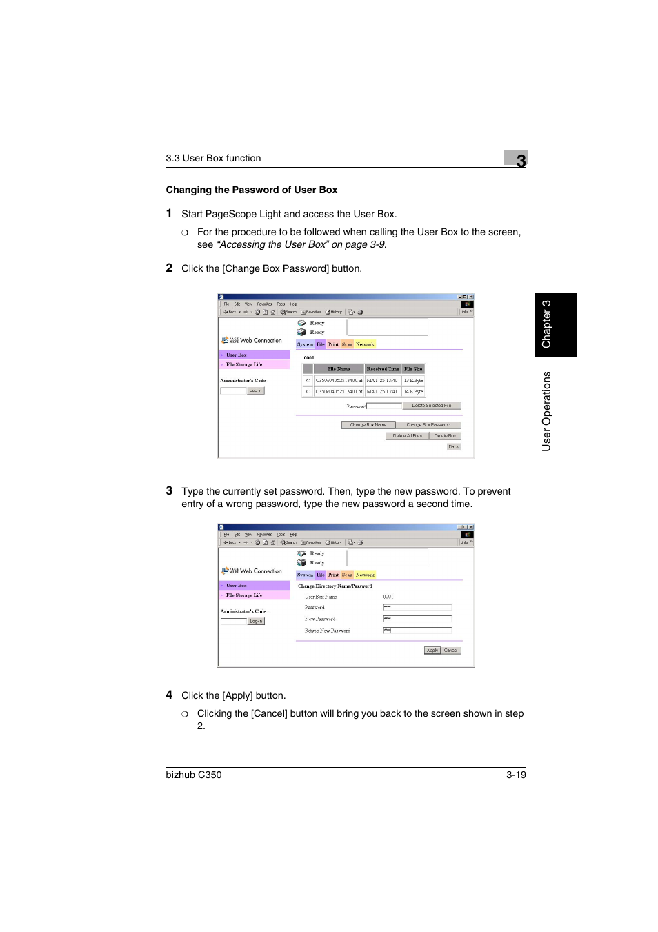 Changing the password of user box, Changing the password of user box -19 | Konica Minolta bizhub C350 User Manual | Page 77 / 87