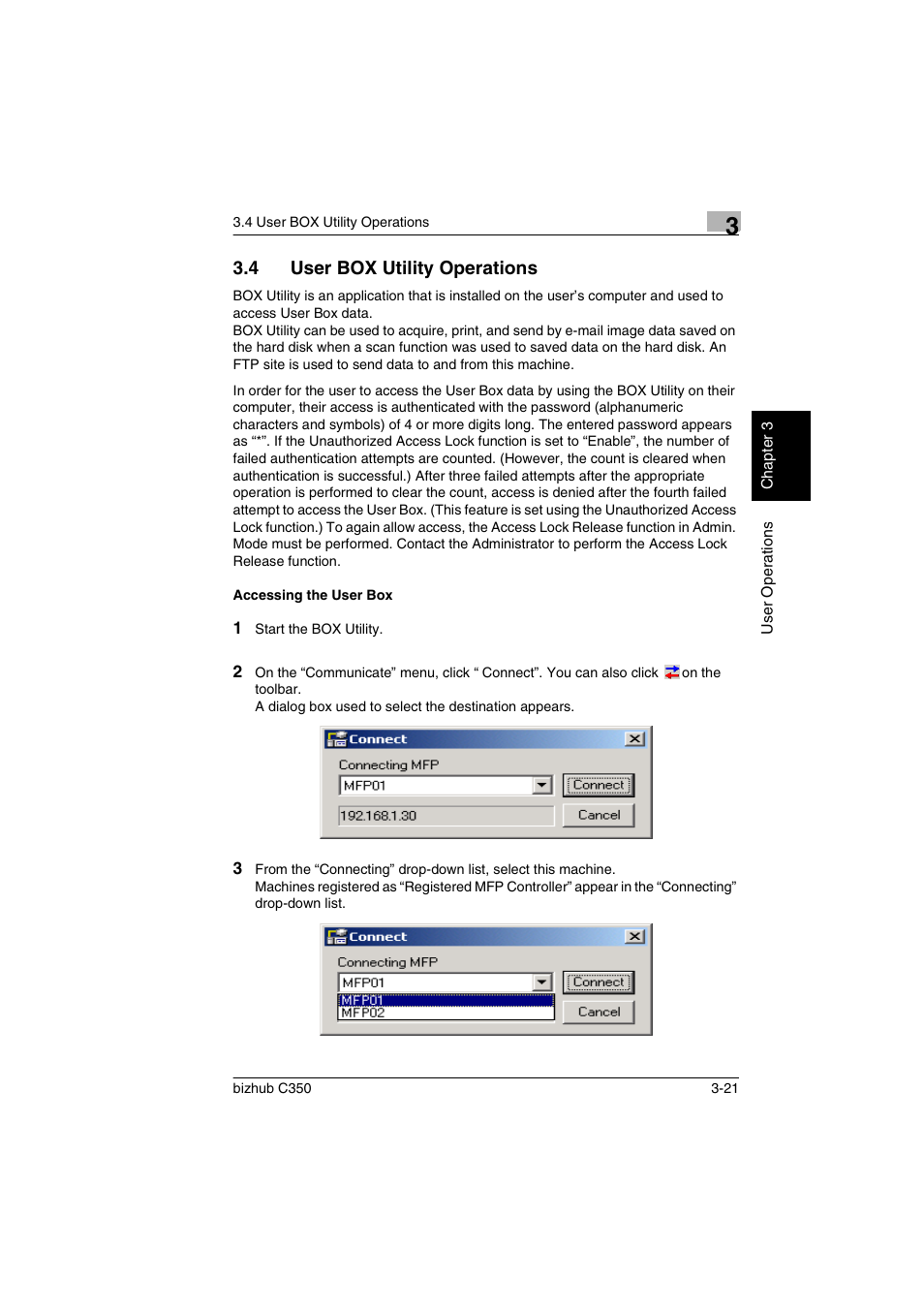 4 user box utility operations, Accessing the user box, User box utility operations -21 | Accessing the user box -21 | Konica Minolta bizhub C350 User Manual | Page 79 / 87