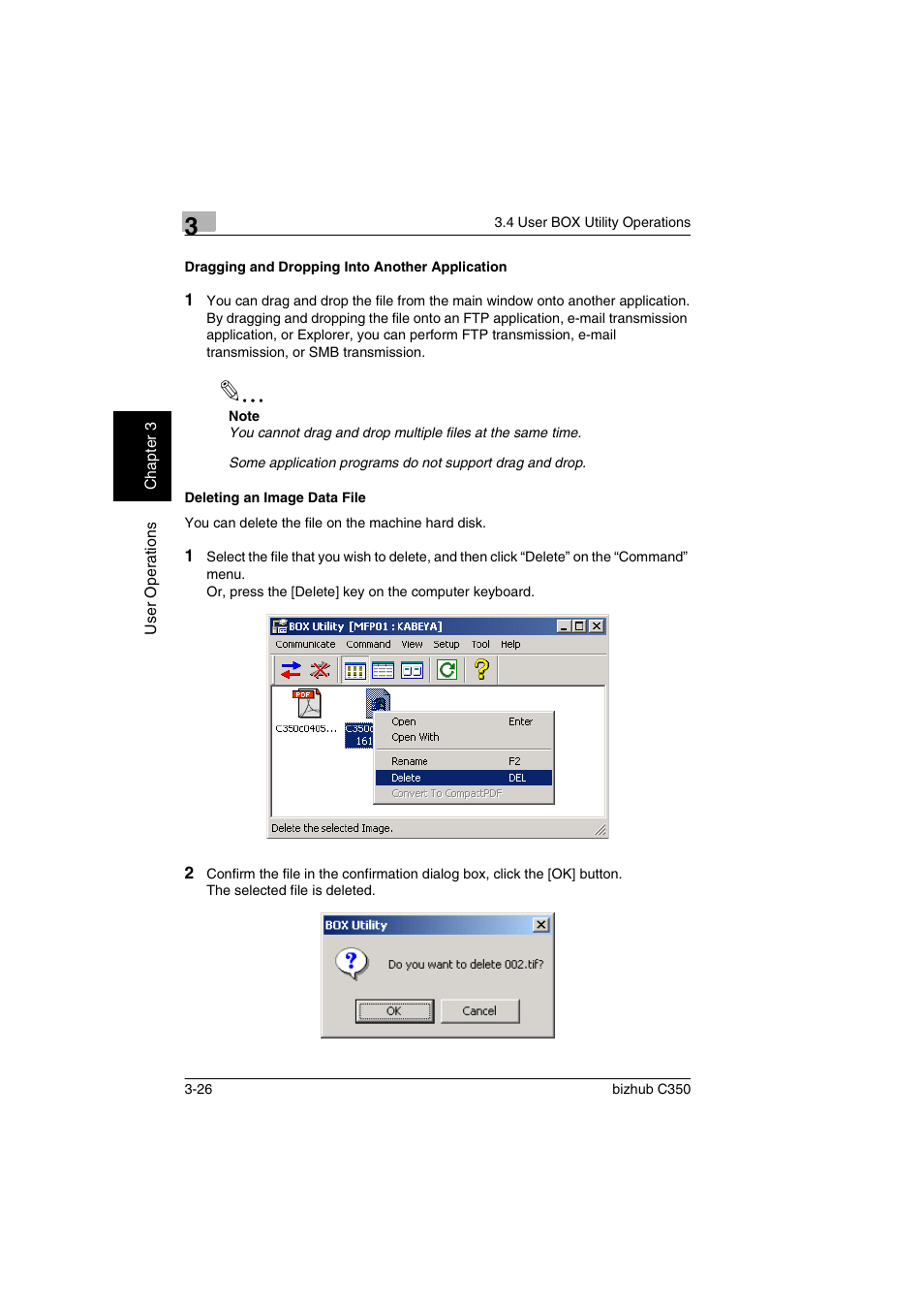 Dragging and dropping into another application, Deleting an image data file | Konica Minolta bizhub C350 User Manual | Page 84 / 87