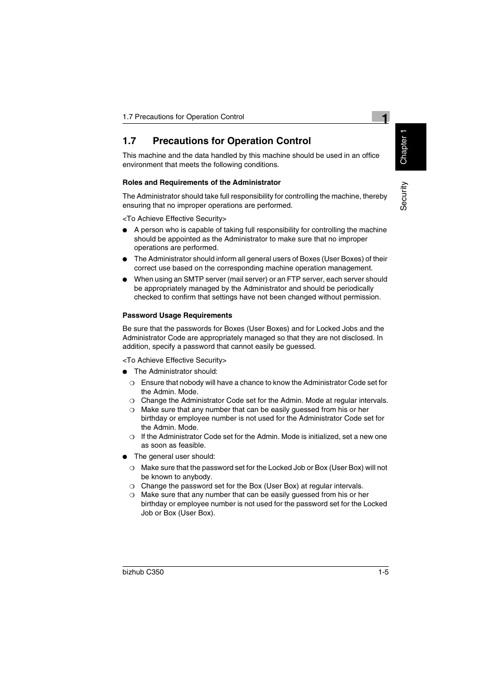 7 precautions for operation control, Roles and requirements of the administrator, Password usage requirements | Precautions for operation control -5 | Konica Minolta bizhub C350 User Manual | Page 9 / 87