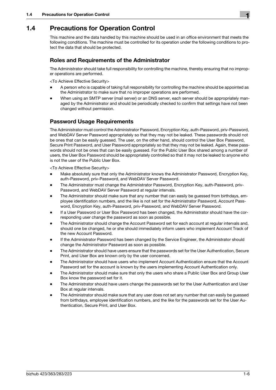 4 precautions for operation control, Roles and requirements of the administrator, Password usage requirements | Konica Minolta BIZHUB 223 User Manual | Page 10 / 185