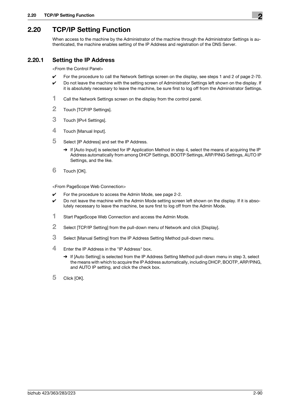 20 tcp/ip setting function, 1 setting the ip address, Tcp/ip setting function -90 | Setting the ip address -90 | Konica Minolta BIZHUB 223 User Manual | Page 105 / 185