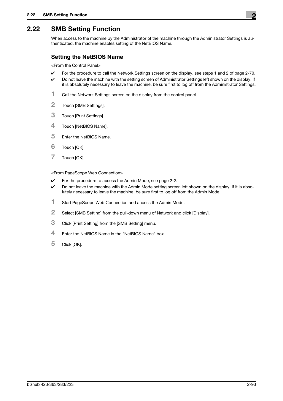 22 smb setting function, Setting the netbios name | Konica Minolta BIZHUB 223 User Manual | Page 108 / 185