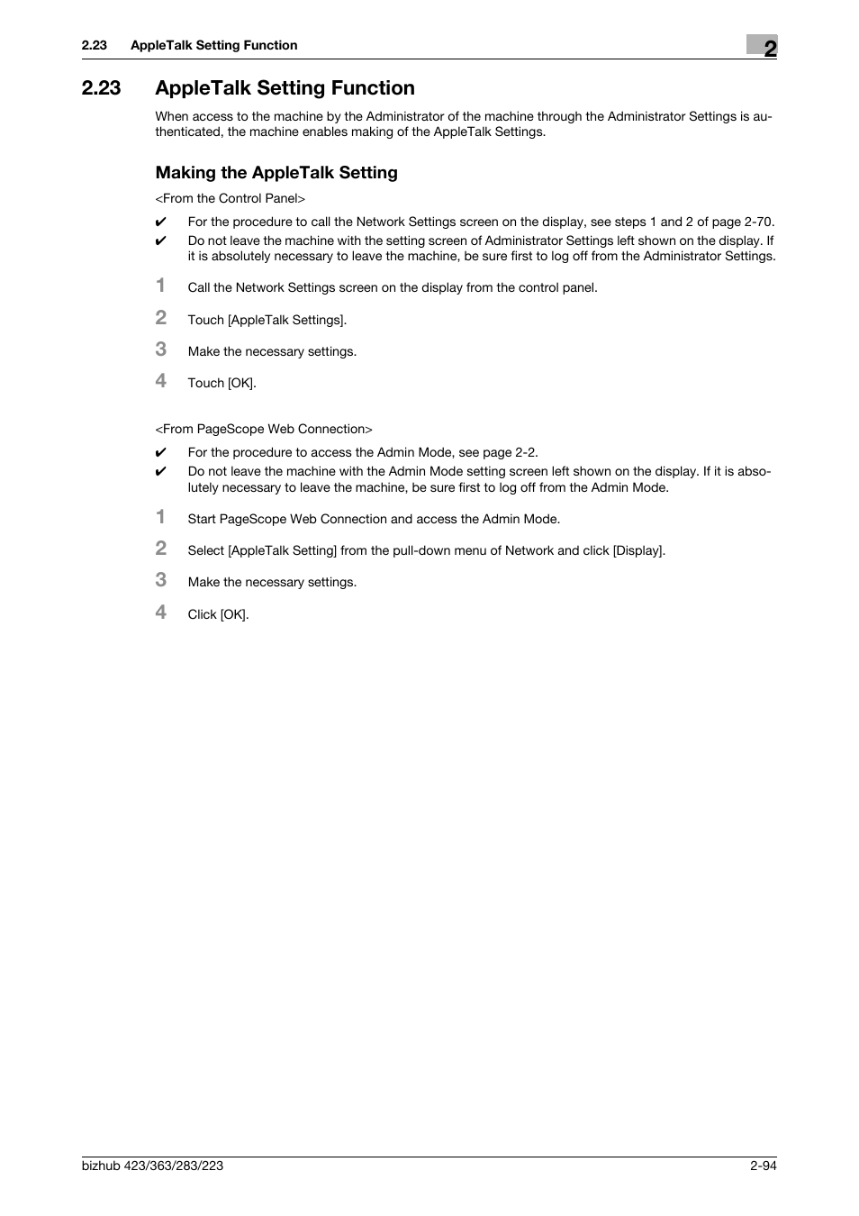 23 appletalk setting function, Making the appletalk setting | Konica Minolta BIZHUB 223 User Manual | Page 109 / 185