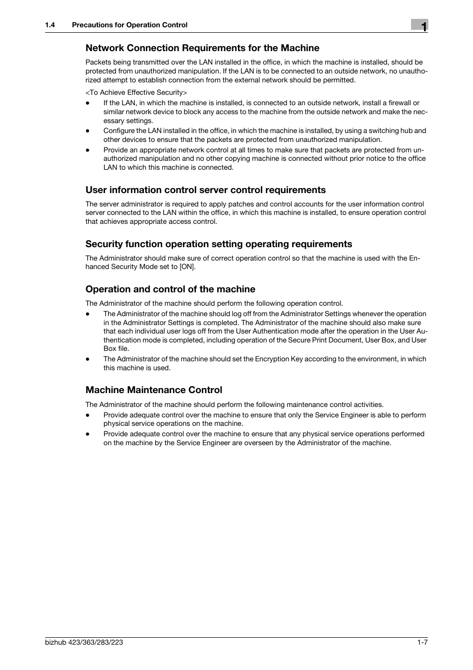 Network connection requirements for the machine, Operation and control of the machine, Machine maintenance control | Konica Minolta BIZHUB 223 User Manual | Page 11 / 185