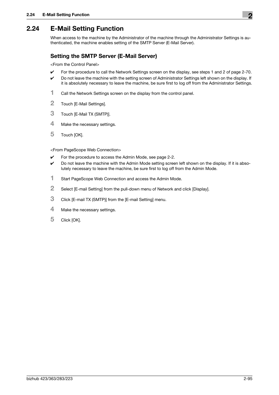 24 e-mail setting function, Setting the smtp server (e-mail server) | Konica Minolta BIZHUB 223 User Manual | Page 110 / 185