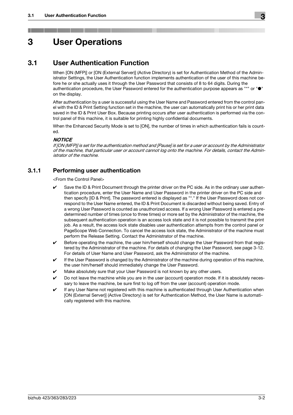 3 user operations, 1 user authentication function, 1 performing user authentication | User operations, User authentication function -2, Performing user authentication -2, 3user operations | Konica Minolta BIZHUB 223 User Manual | Page 112 / 185