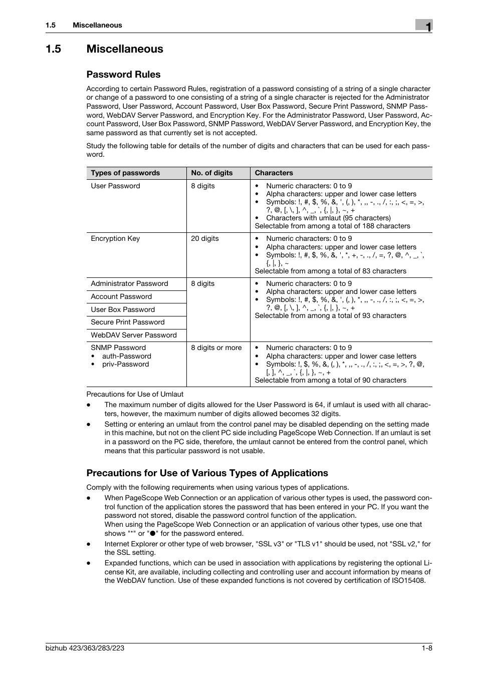 5 miscellaneous, Password rules | Konica Minolta BIZHUB 223 User Manual | Page 12 / 185