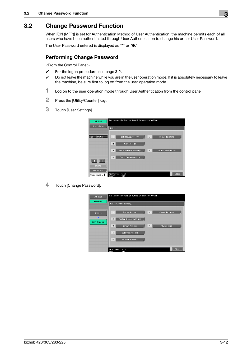 2 change password function, Performing change password | Konica Minolta BIZHUB 223 User Manual | Page 122 / 185