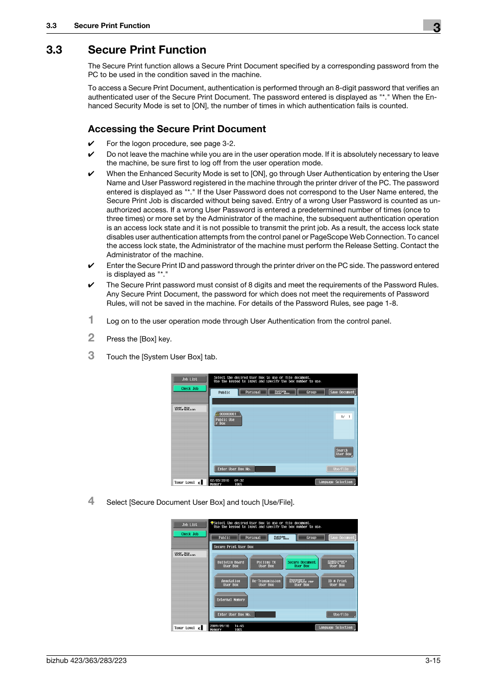 3 secure print function, Accessing the secure print document | Konica Minolta BIZHUB 223 User Manual | Page 125 / 185