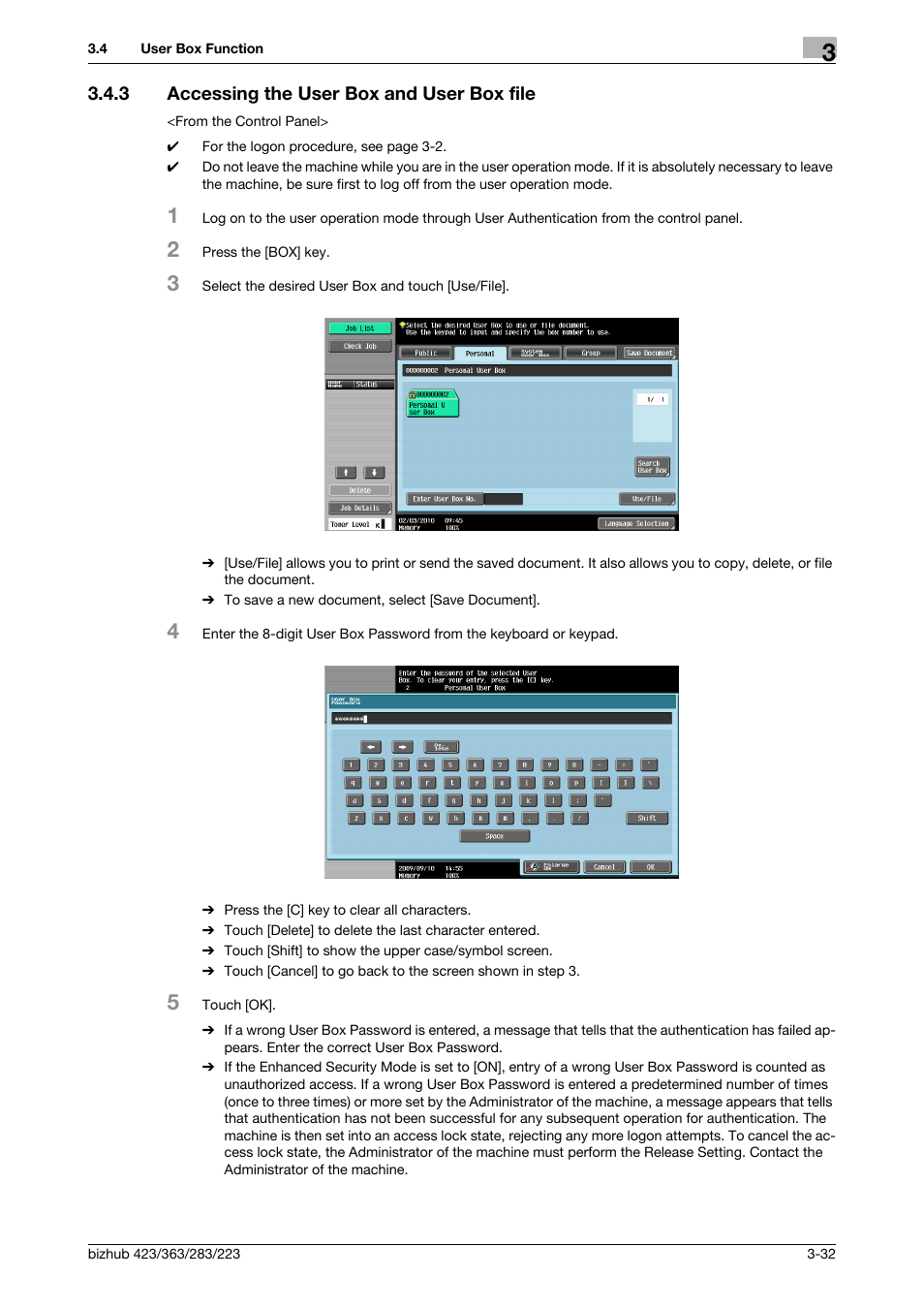 3 accessing the user box and user box file, Accessing the user box and user box file -32 | Konica Minolta BIZHUB 223 User Manual | Page 142 / 185