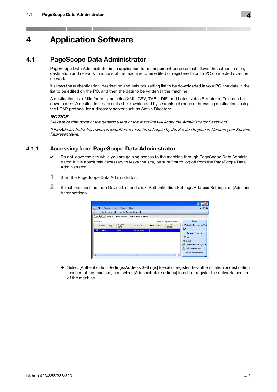 4 application software, Application software, 4application software | 1 pagescope data administrator | Konica Minolta BIZHUB 223 User Manual | Page 149 / 185