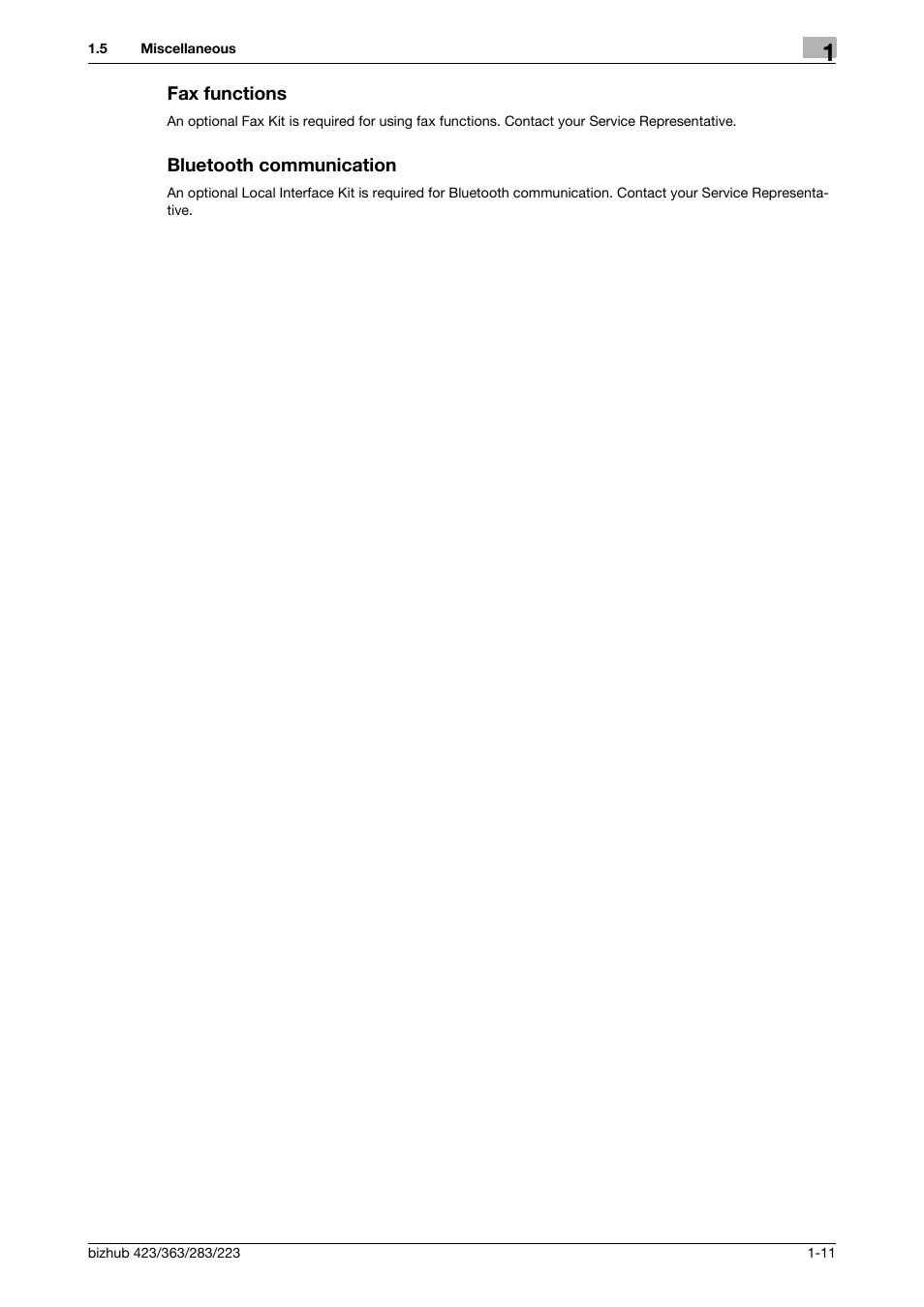 Fax functions, Bluetooth communication, Fax functions -11 bluetooth communication -11 | Konica Minolta BIZHUB 223 User Manual | Page 15 / 185