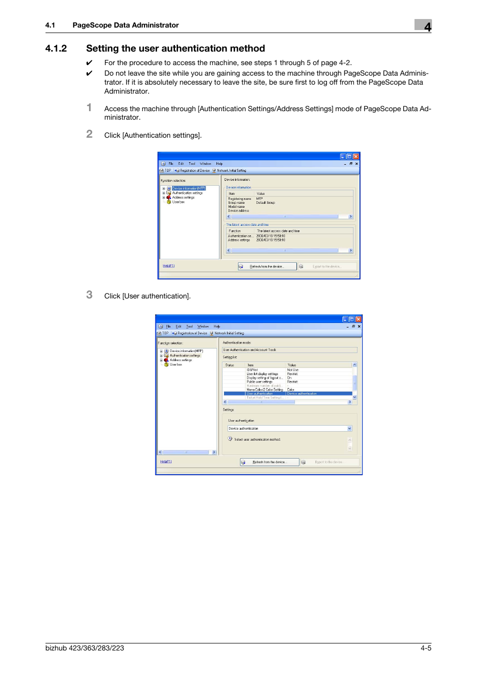 2 setting the user authentication method, Setting the user authentication method -5 | Konica Minolta BIZHUB 223 User Manual | Page 152 / 185