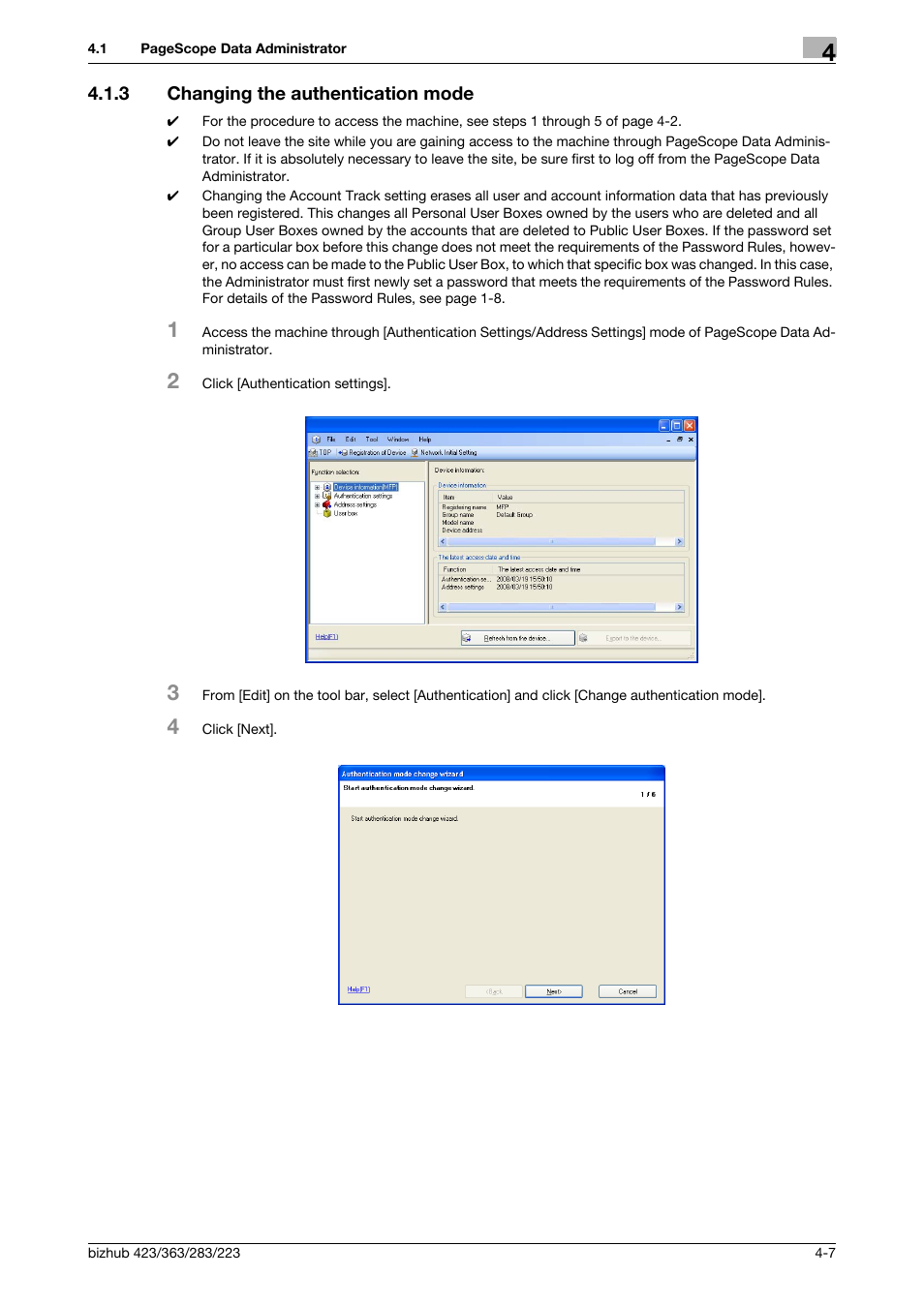 3 changing the authentication mode, Changing the authentication mode -7 | Konica Minolta BIZHUB 223 User Manual | Page 154 / 185