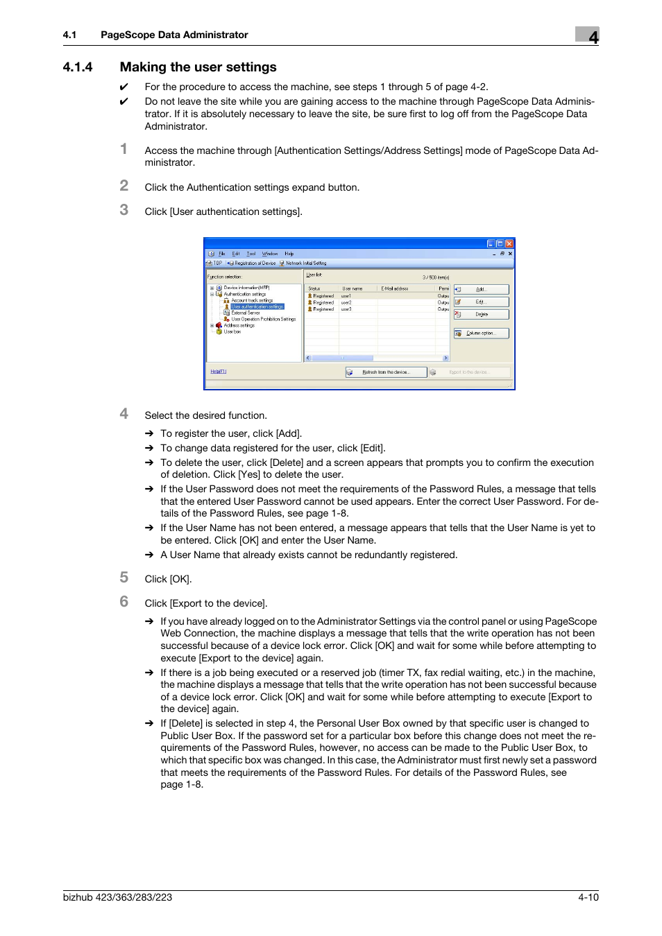 4 making the user settings, Making the user settings -10 | Konica Minolta BIZHUB 223 User Manual | Page 157 / 185