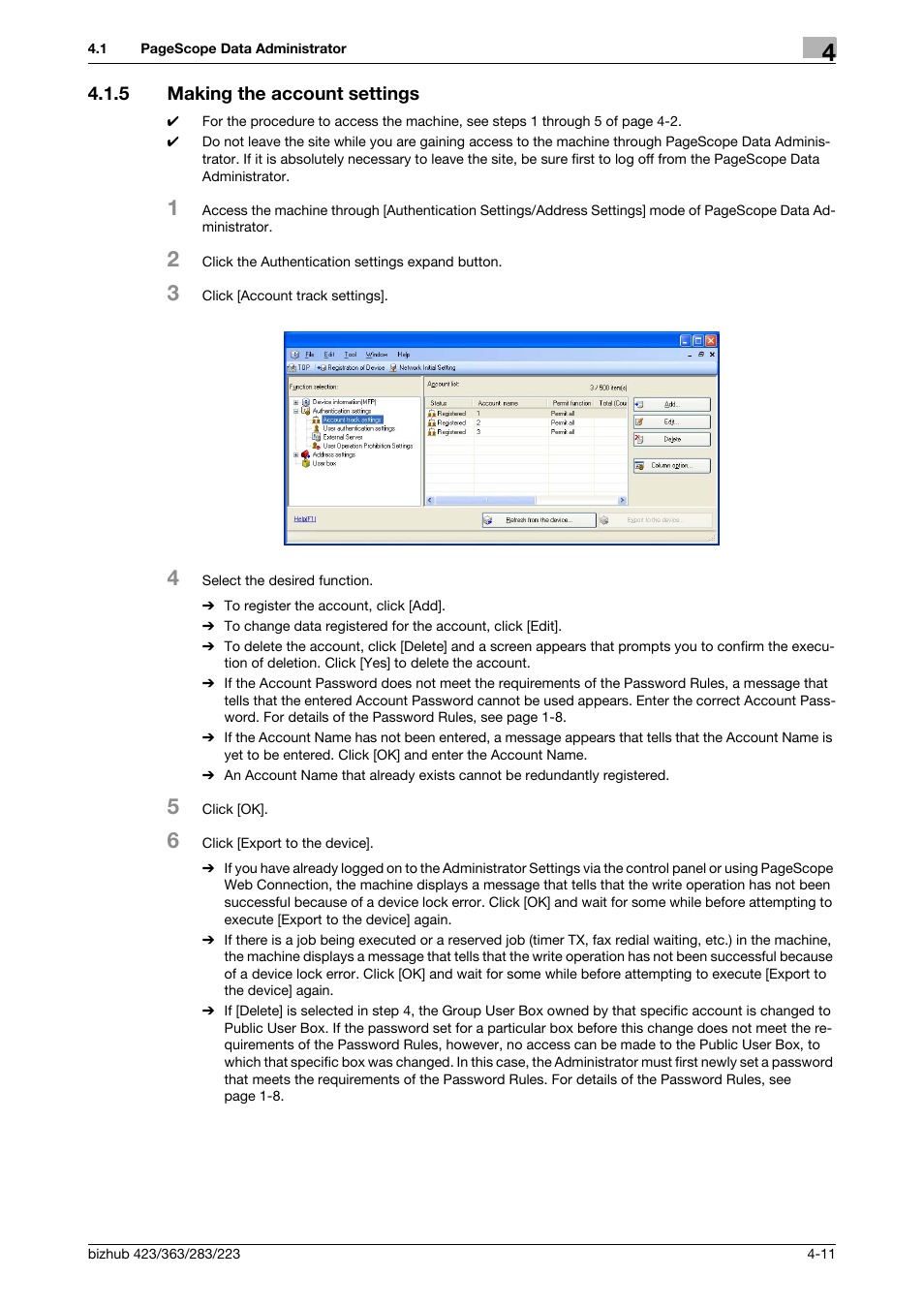 5 making the account settings, Making the account settings -11 | Konica Minolta BIZHUB 223 User Manual | Page 158 / 185