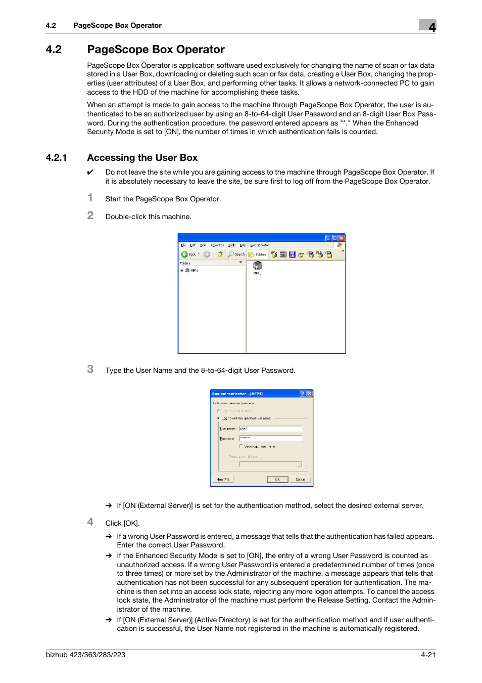 1 accessing the user box, Accessing the user box -21, 2 pagescope box operator | Konica Minolta BIZHUB 223 User Manual | Page 168 / 185