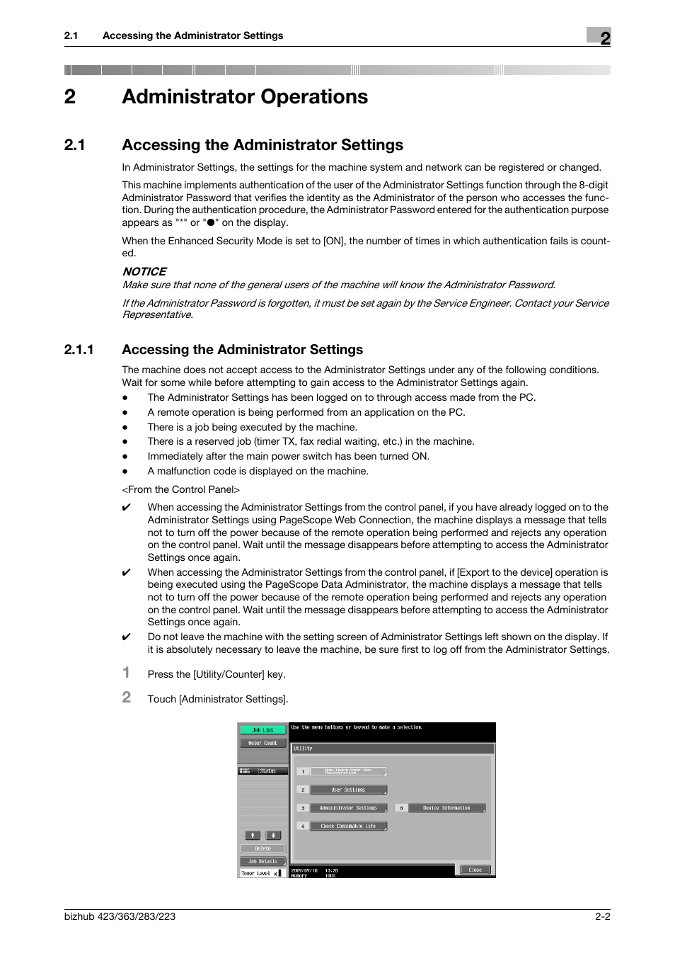 2 administrator operations, 1 accessing the administrator settings, Administrator operations | Accessing the administrator settings -2, 2administrator operations | Konica Minolta BIZHUB 223 User Manual | Page 17 / 185