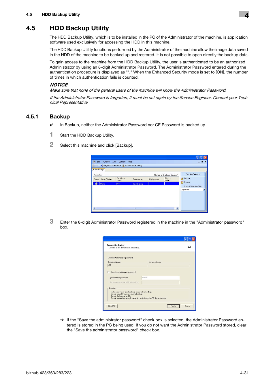 5 hdd backup utility, 1 backup, Hdd backup utility -31 | Backup -31 | Konica Minolta BIZHUB 223 User Manual | Page 178 / 185