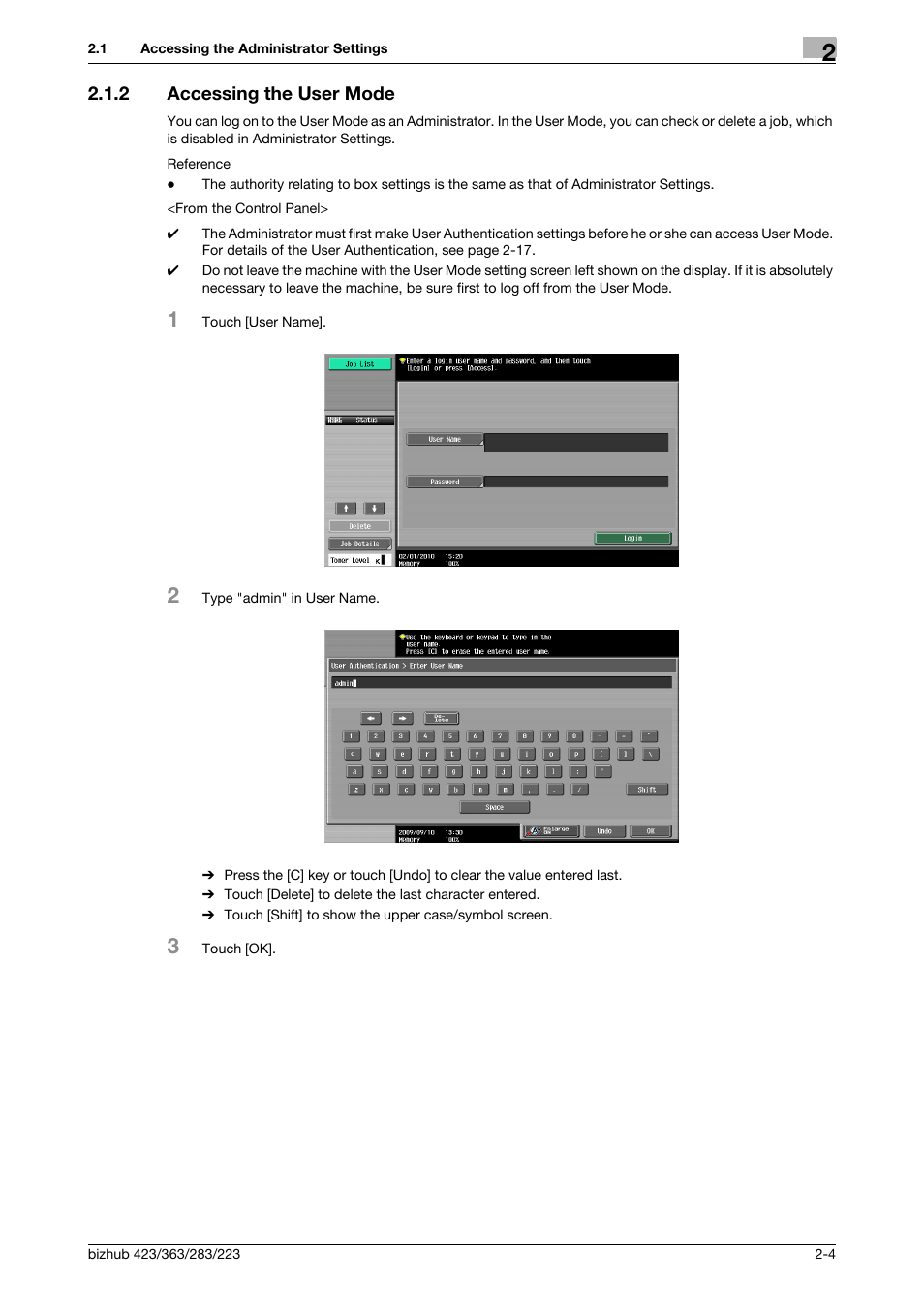 2 accessing the user mode, Accessing the user mode -4 | Konica Minolta BIZHUB 223 User Manual | Page 19 / 185