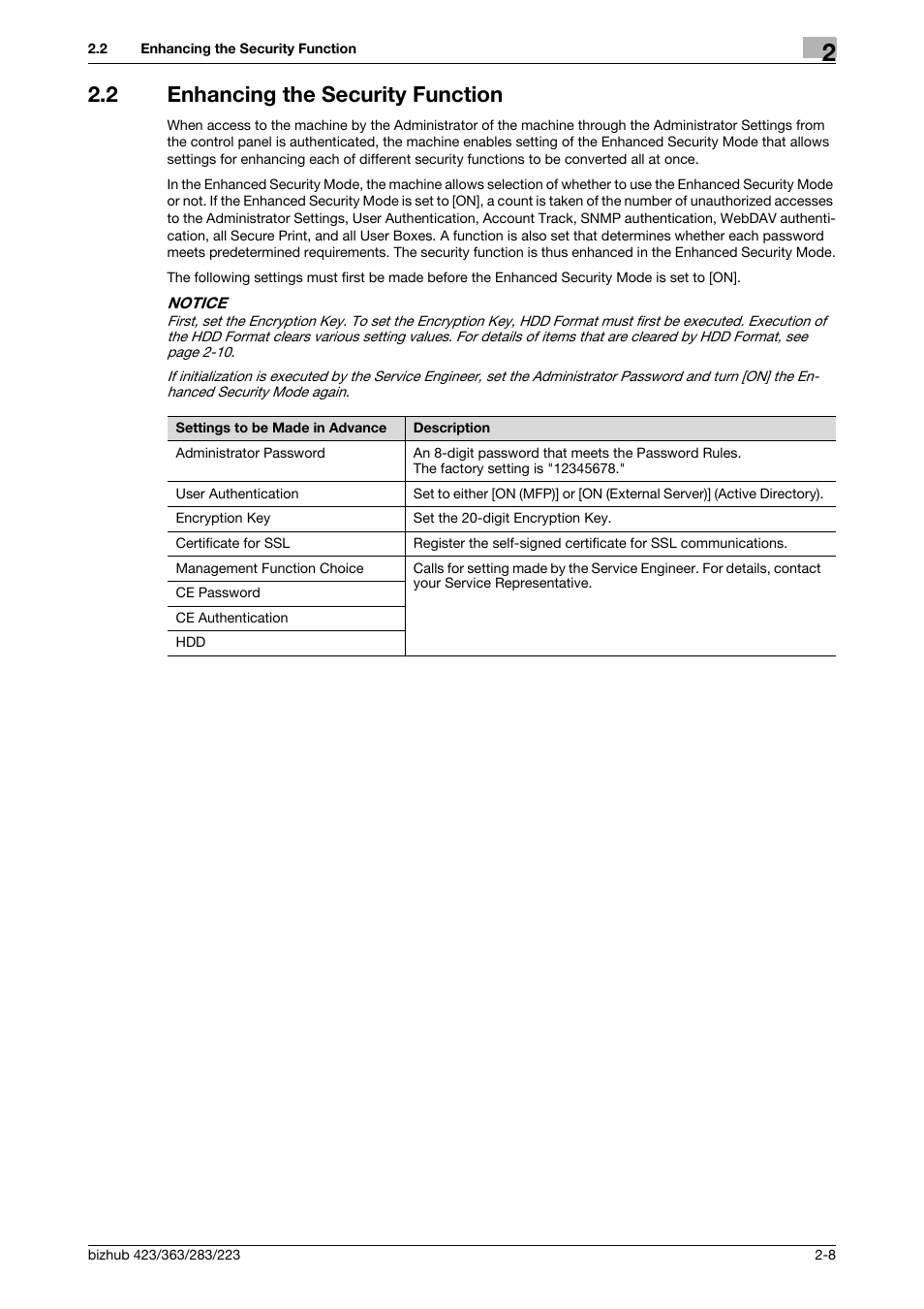 2 enhancing the security function, Enhancing the security function -8 | Konica Minolta BIZHUB 223 User Manual | Page 23 / 185