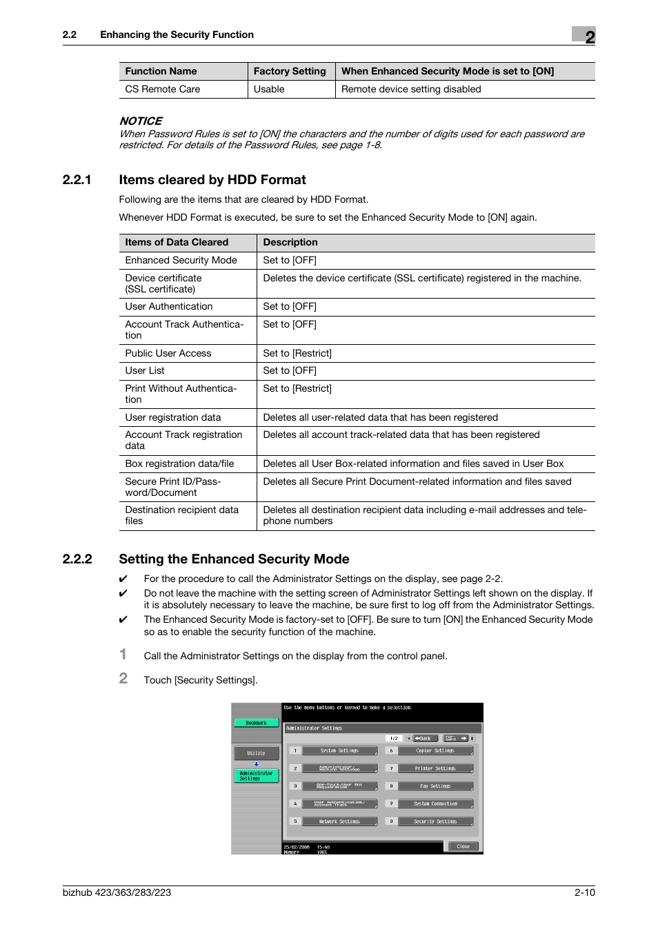 1 items cleared by hdd format, 2 setting the enhanced security mode, Items cleared by hdd format -10 | Setting the enhanced security mode -10 | Konica Minolta BIZHUB 223 User Manual | Page 25 / 185